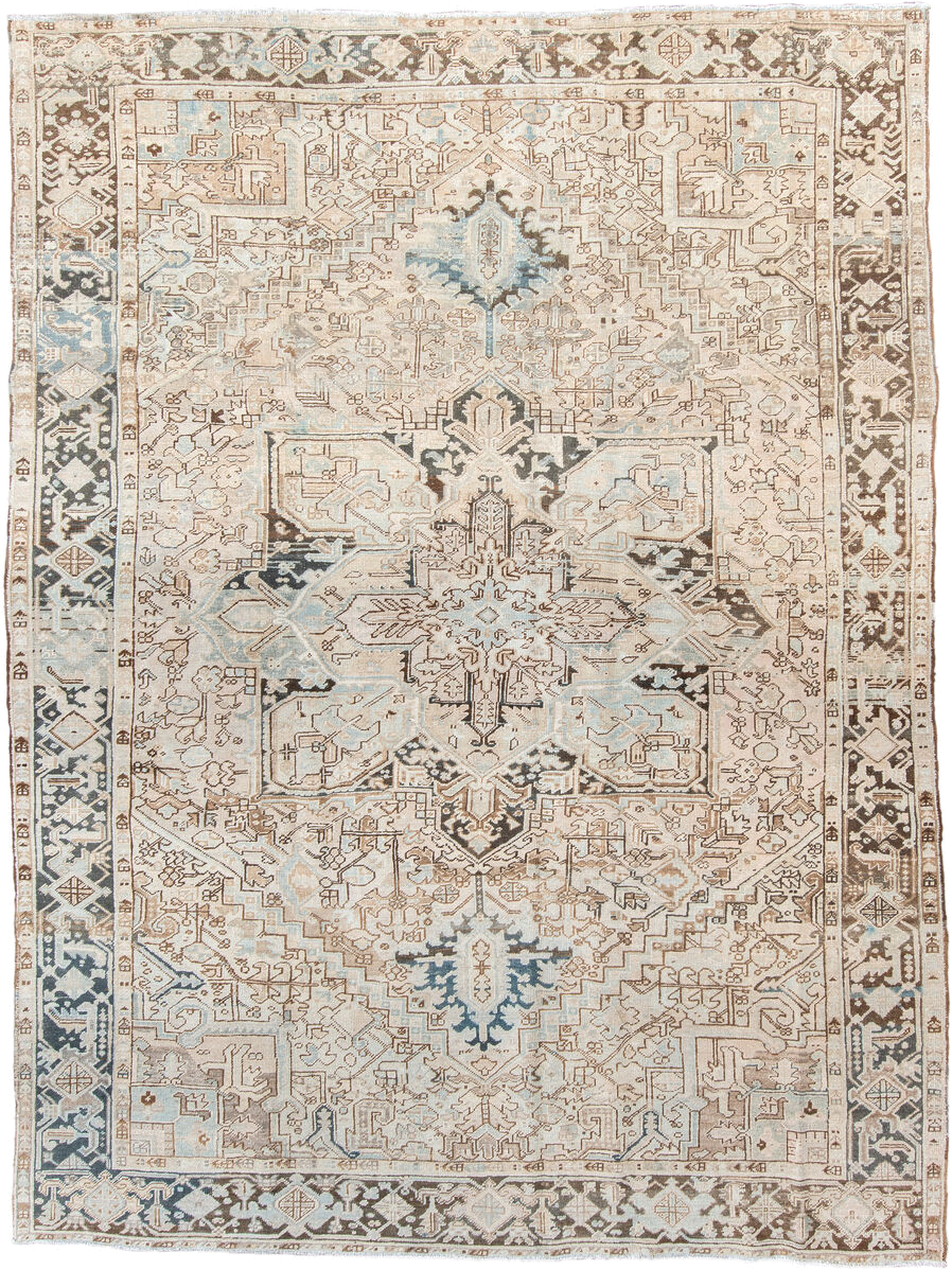 8' x 10' one-of-a-kind handmade vintage Heriz large size rug. Color palette: ivory, taupe, charcoal, light blue, beige