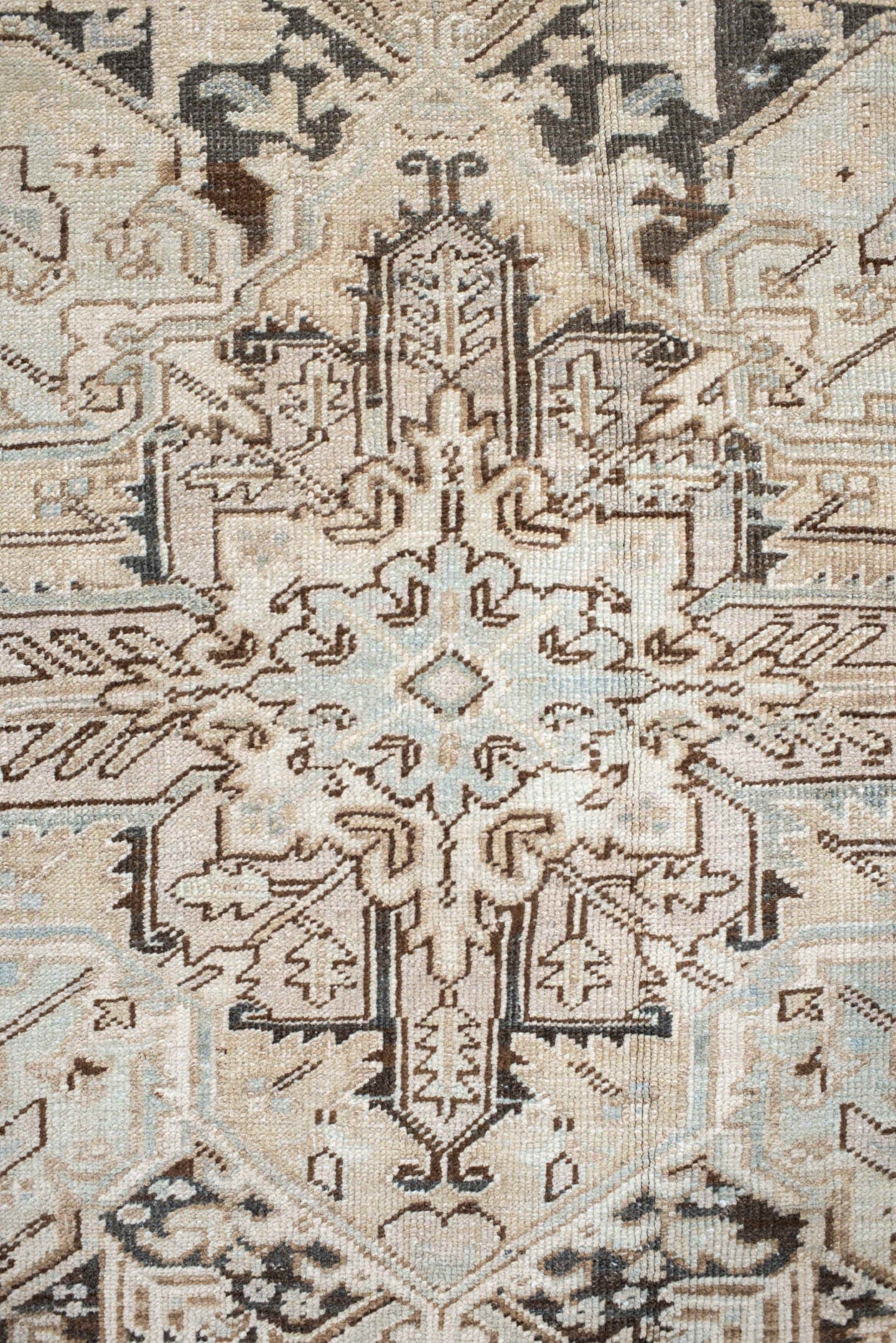 8' x 10' one-of-a-kind handmade vintage Heriz large size rug. Color palette: ivory, taupe, charcoal, light blue, beige