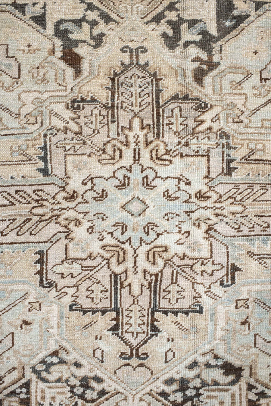 8' x 10' one-of-a-kind handmade vintage Heriz large size rug. Color palette: ivory, taupe, charcoal, light blue, beige
