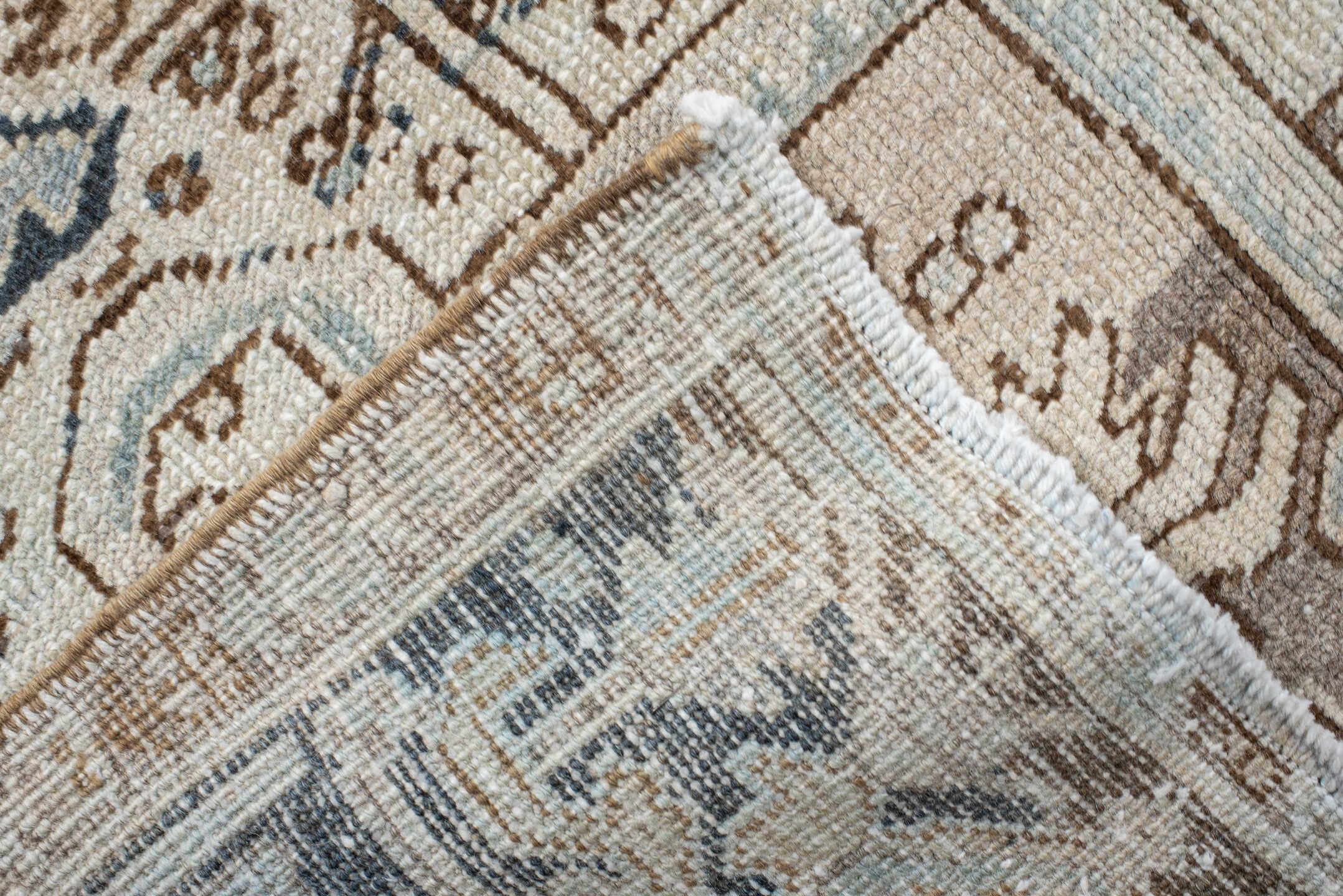 8' x 10' one-of-a-kind handmade vintage Heriz large size rug. Color palette: ivory, taupe, charcoal, light blue, beige