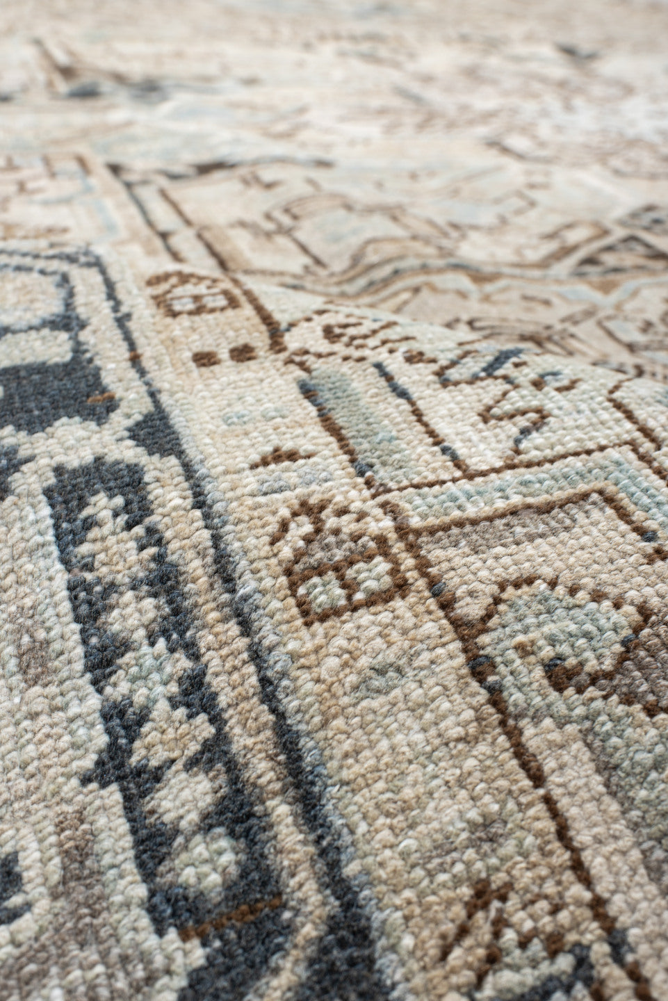 8' x 10' one-of-a-kind handmade vintage Heriz large size rug. Color palette: gray, brown, off-white, black, pink, light gray