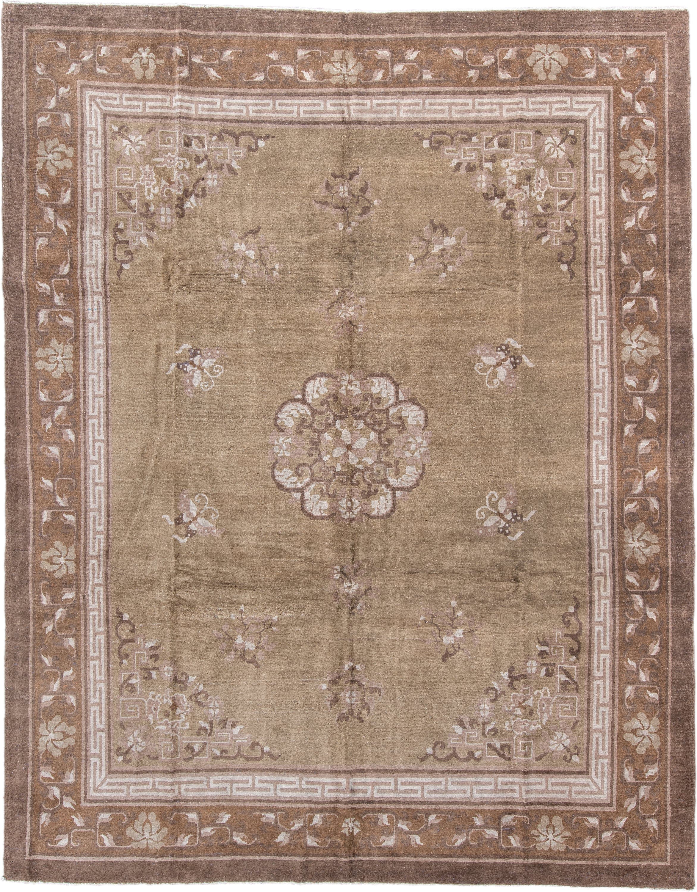 9' x 11' one-of-a-kind handmade antique Chinese large size rug. Color palette: taupe, camel, ivory, rose, brown, sage, beige