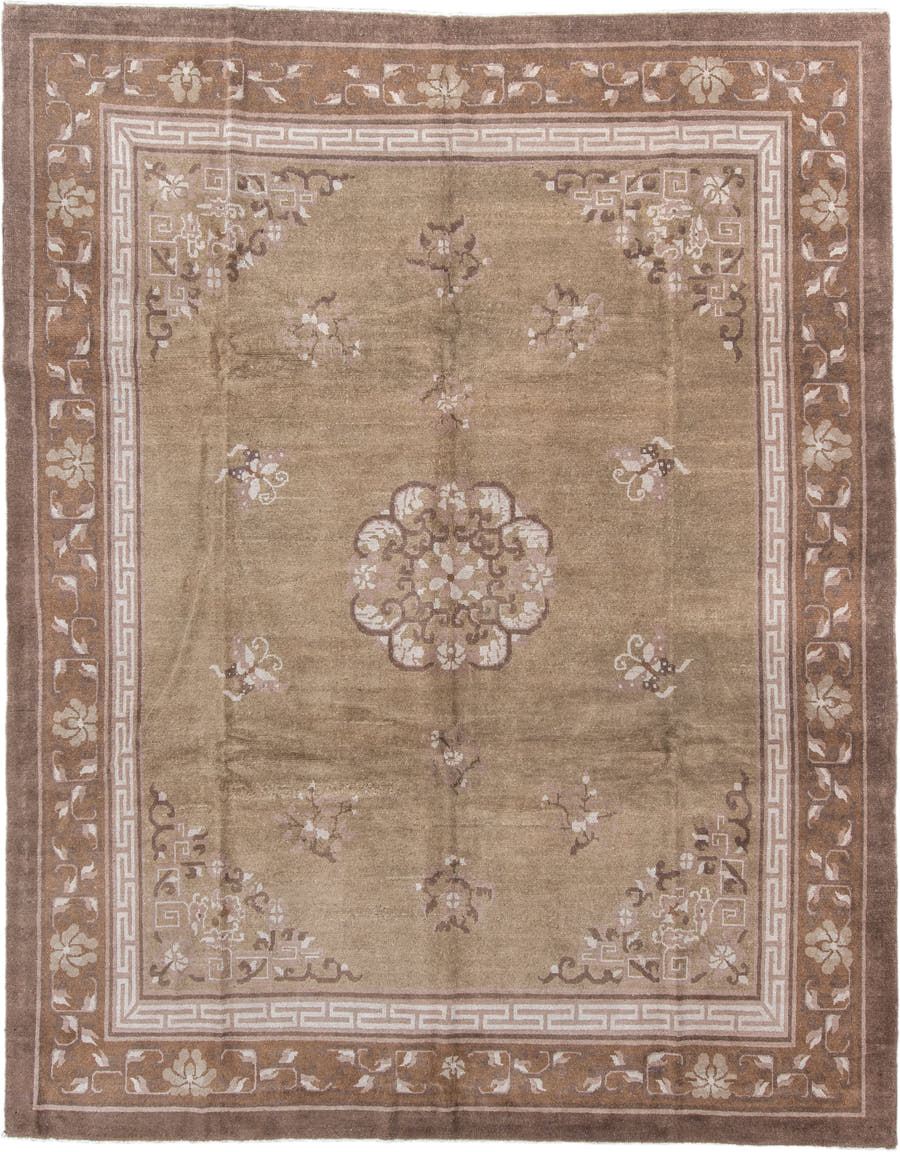 9' x 11' one-of-a-kind handmade antique Chinese large size rug. Color palette: taupe, camel, ivory, rose, brown, sage, beige