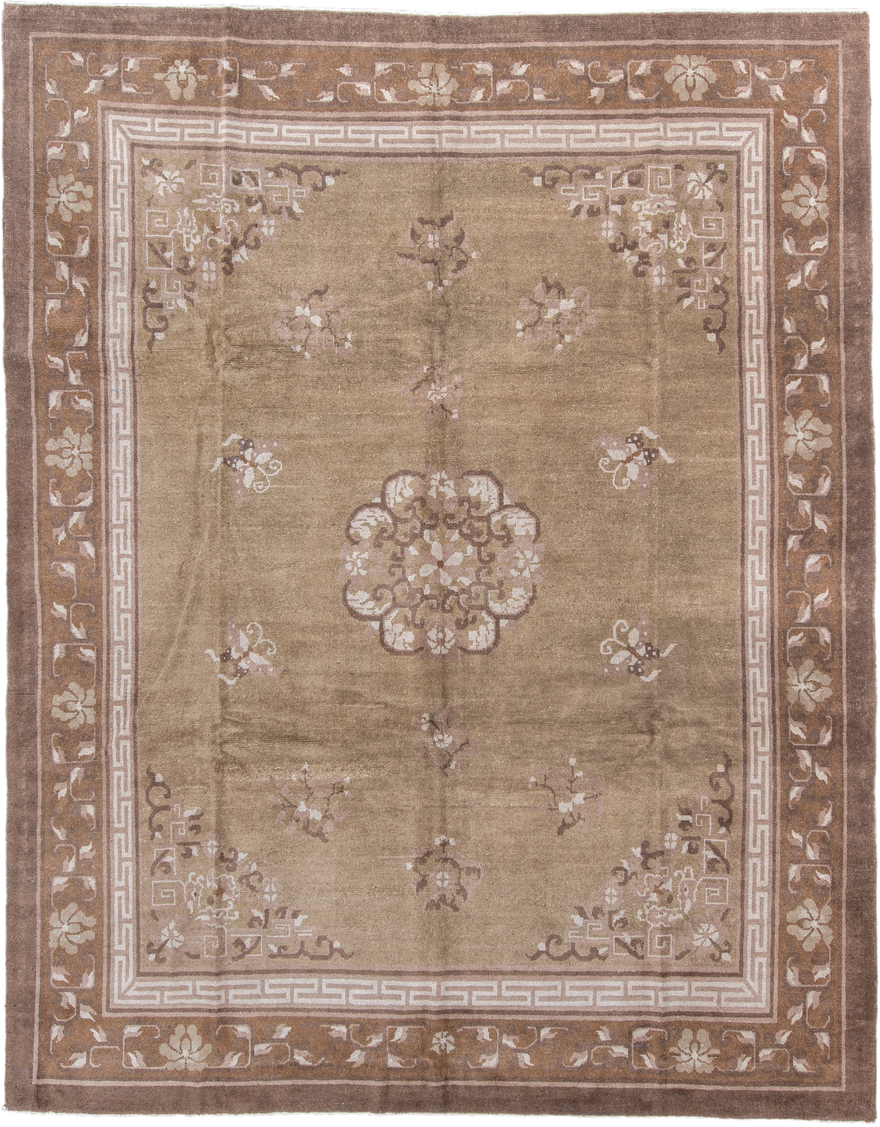 9' x 11' one-of-a-kind handmade antique Chinese large size rug. Color palette: taupe, camel, ivory, rose, brown, sage, beige