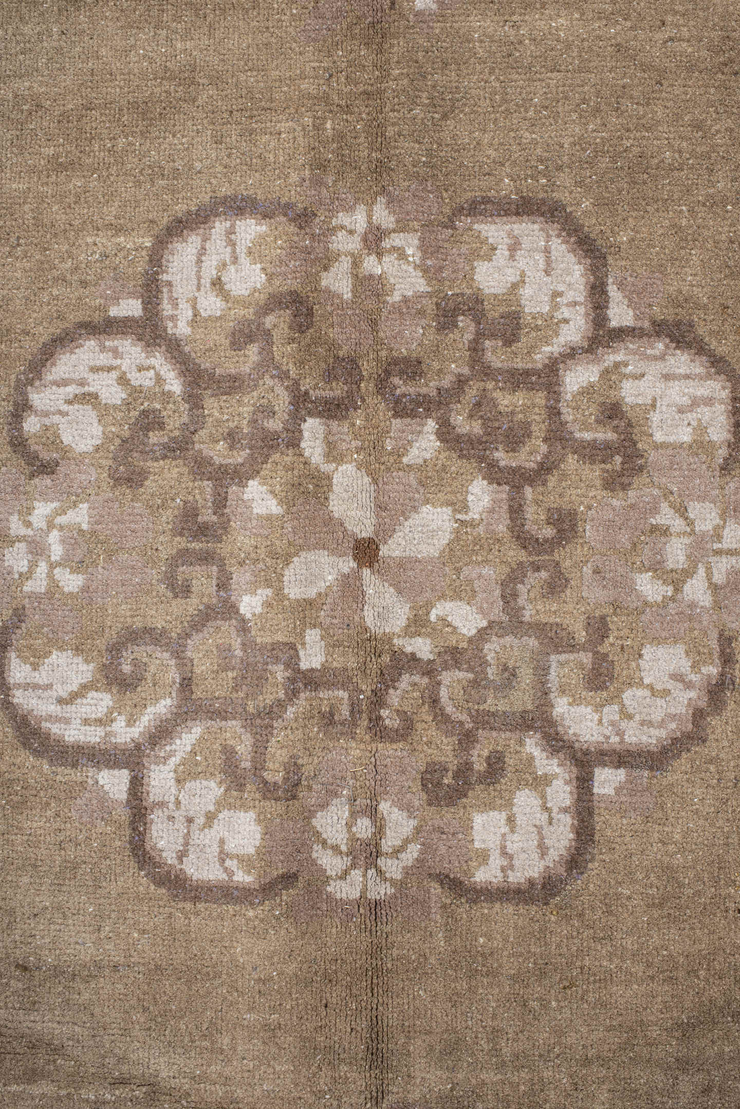 9' x 11' one-of-a-kind handmade antique Chinese large size rug. Color palette: taupe, camel, ivory, rose, brown, sage, beige
