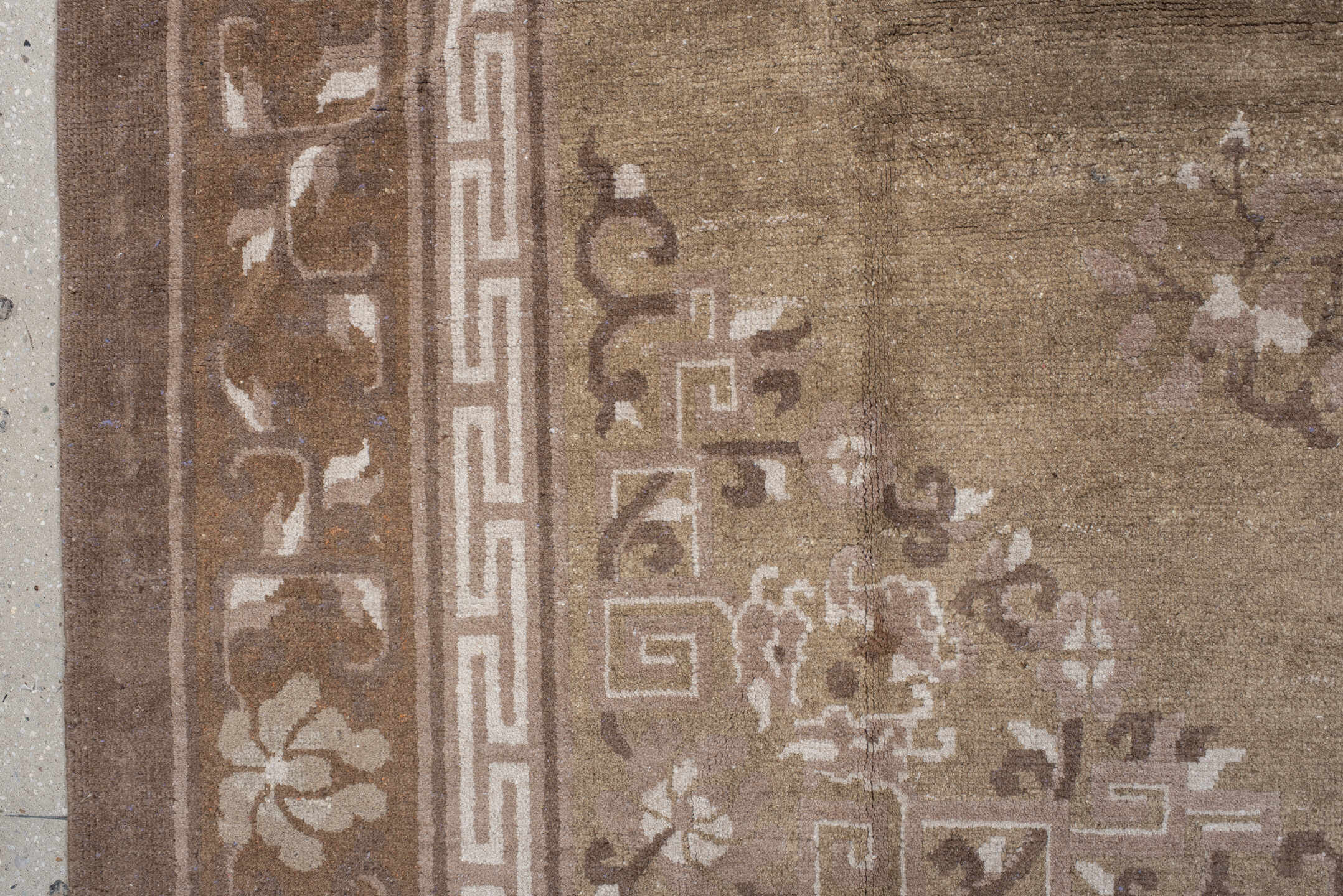9' x 11' one-of-a-kind handmade antique Chinese large size rug. Color palette: taupe, camel, ivory, rose, brown, sage, beige