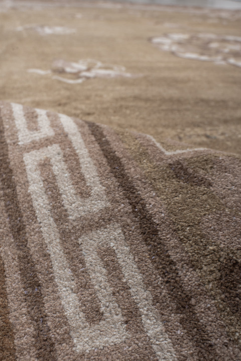 9' x 11' one-of-a-kind handmade antique Chinese large size rug. Color palette: taupe, camel, ivory, rose, brown, sage, beige