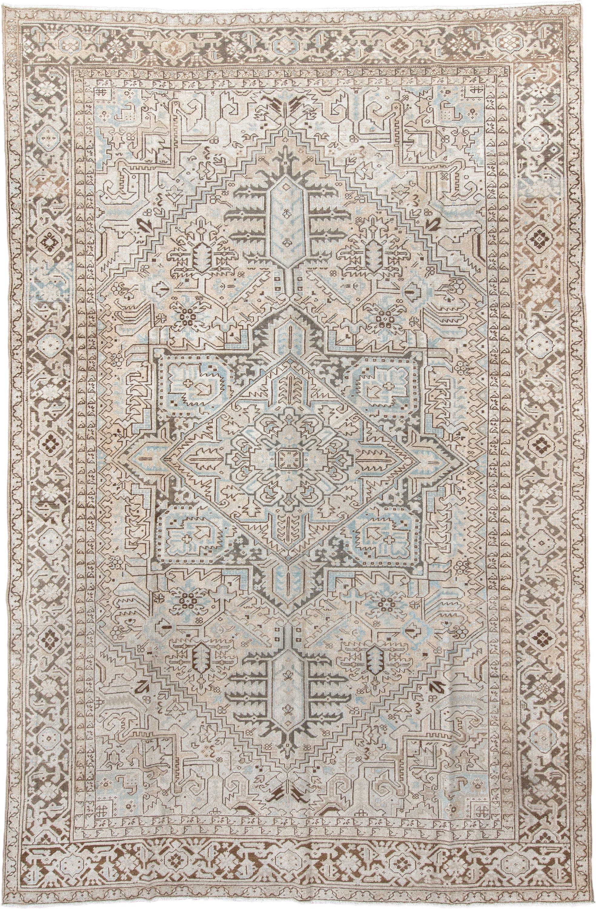9' x 13' one-of-a-kind handmade antique Heriz large size rug. Color palette: ivory, taupe, brown, pale_blue, cream, gray