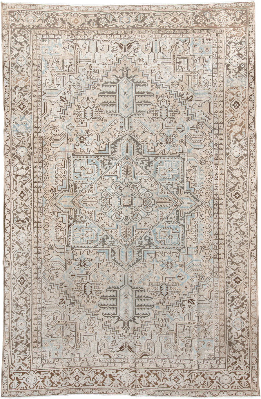 9' x 13' one-of-a-kind handmade antique Heriz large size rug. Color palette: ivory, taupe, brown, pale_blue, cream, gray
