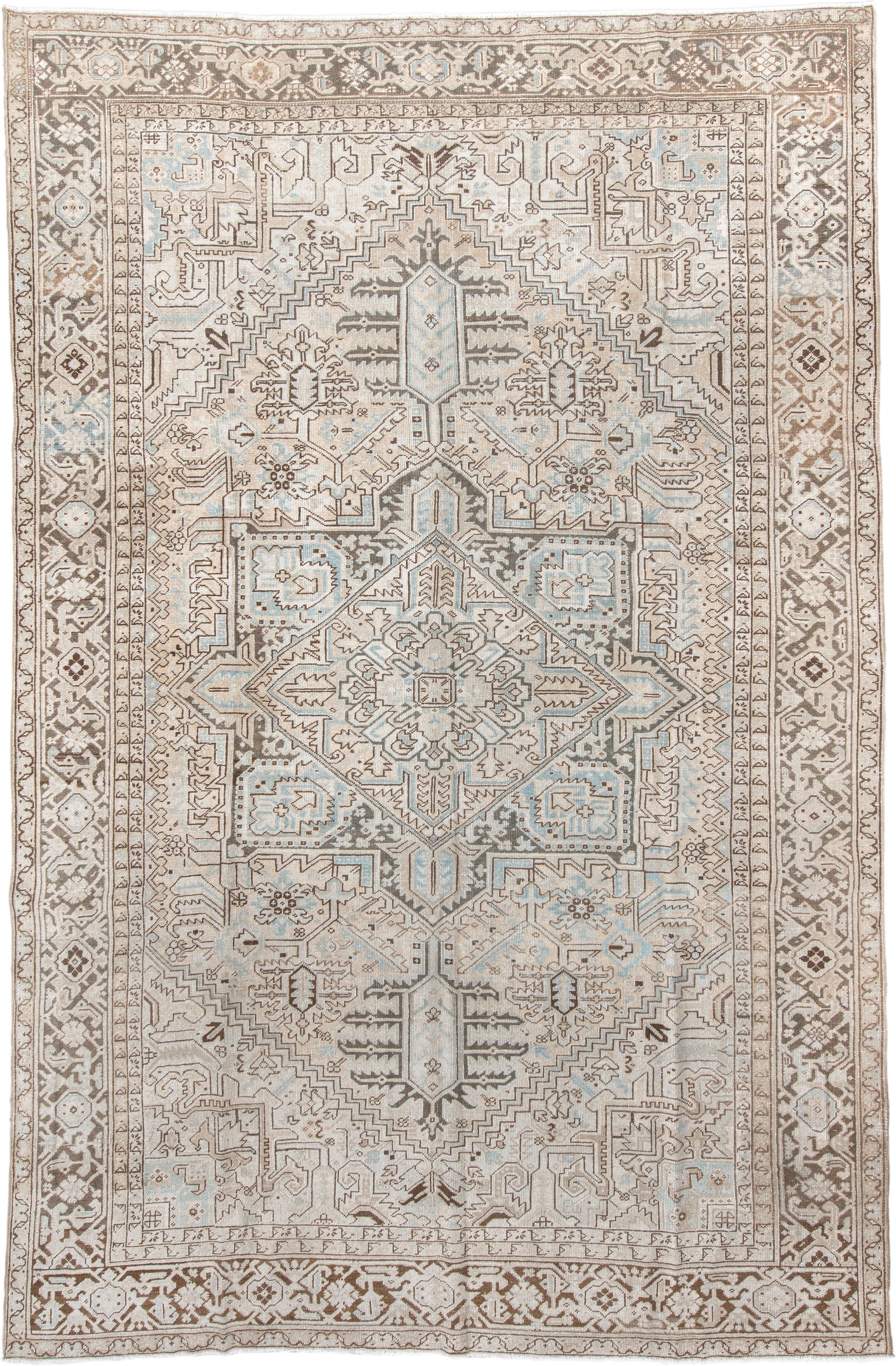 9' x 13' one-of-a-kind handmade antique Heriz large size rug. Color palette: ivory, taupe, brown, pale_blue, cream, gray