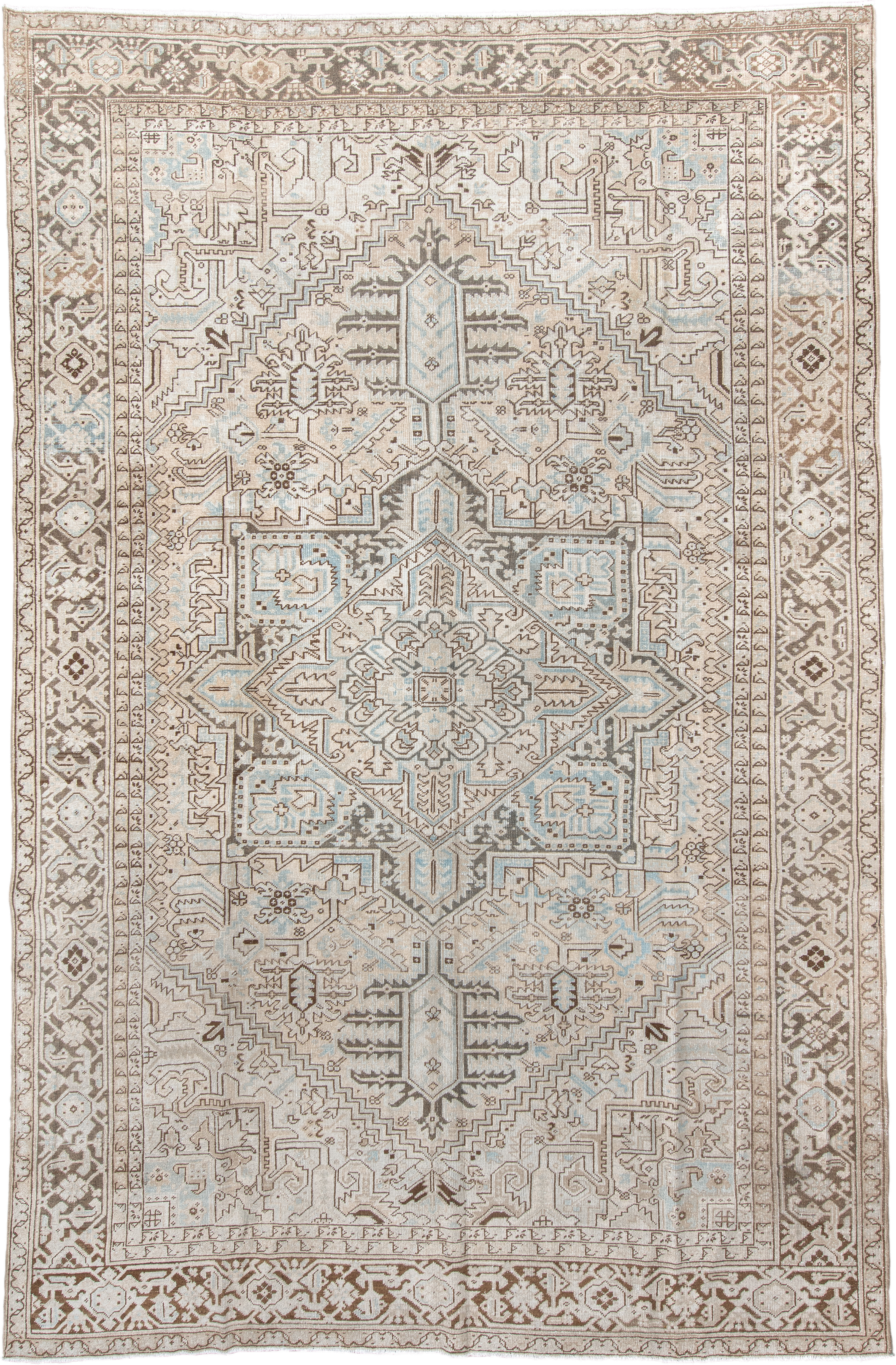 9' x 13' one-of-a-kind handmade antique Heriz large size rug. Color palette: ivory, taupe, brown, pale_blue, cream, gray