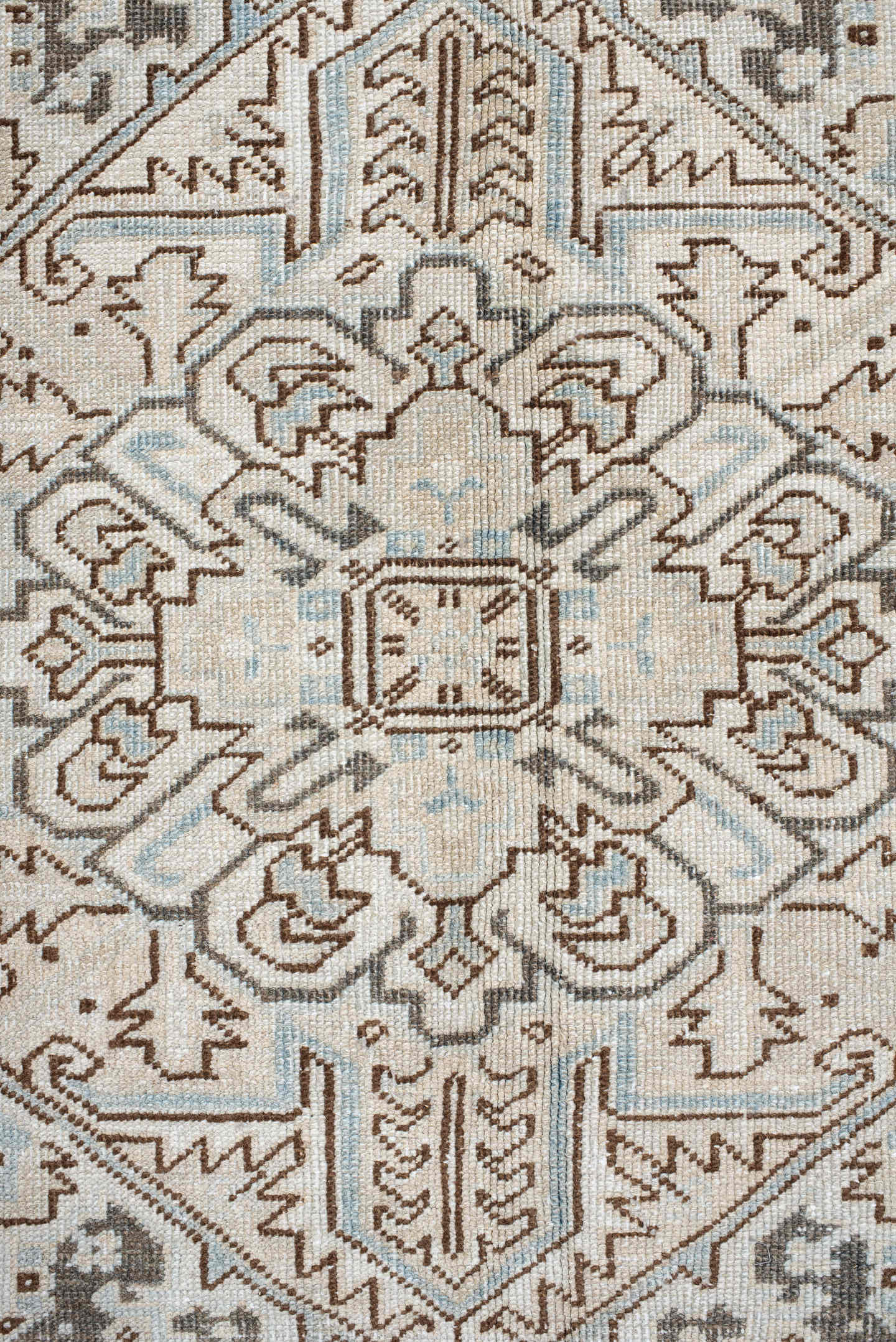 9' x 13' one-of-a-kind handmade antique Heriz large size rug. Color palette: ivory, taupe, brown, pale_blue, cream, gray