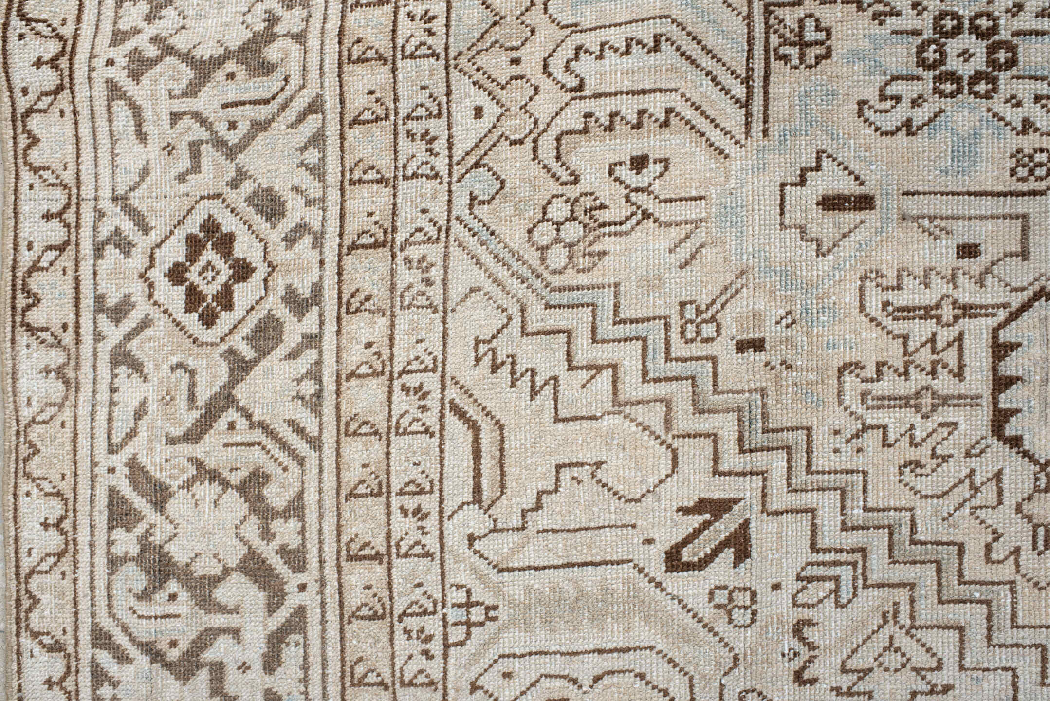 9' x 13' one-of-a-kind handmade antique Heriz large size rug. Color palette: ivory, taupe, brown, pale_blue, cream, gray