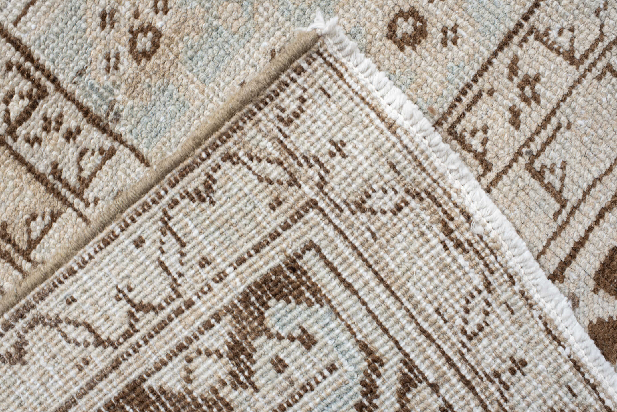 9' x 13' one-of-a-kind handmade antique Heriz large size rug. Color palette: ivory, taupe, brown, pale_blue, cream, gray
