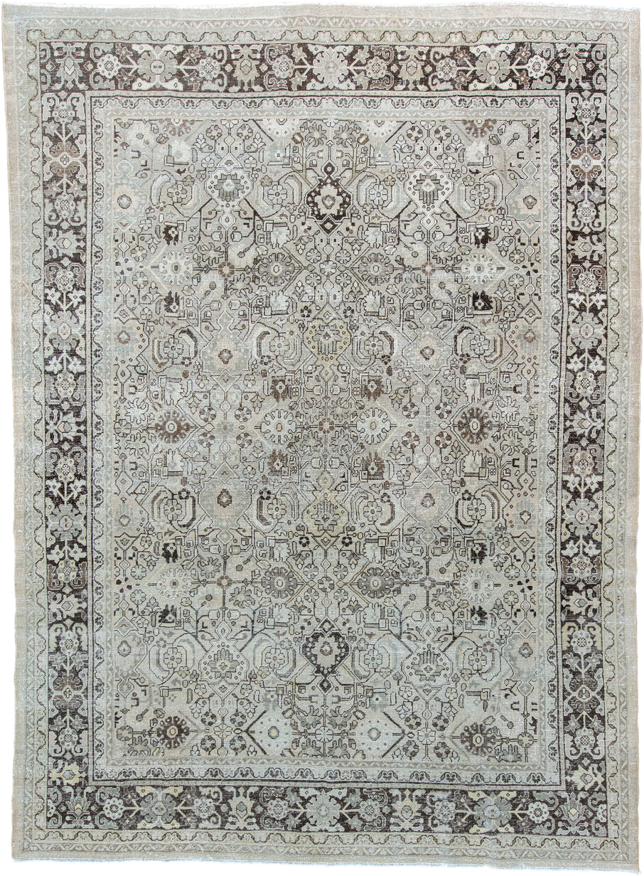 9' x 12' one-of-a-kind handmade antique Mahal large size rug. Color palette: ivory, taupe, charcoal, brown, stone, beige