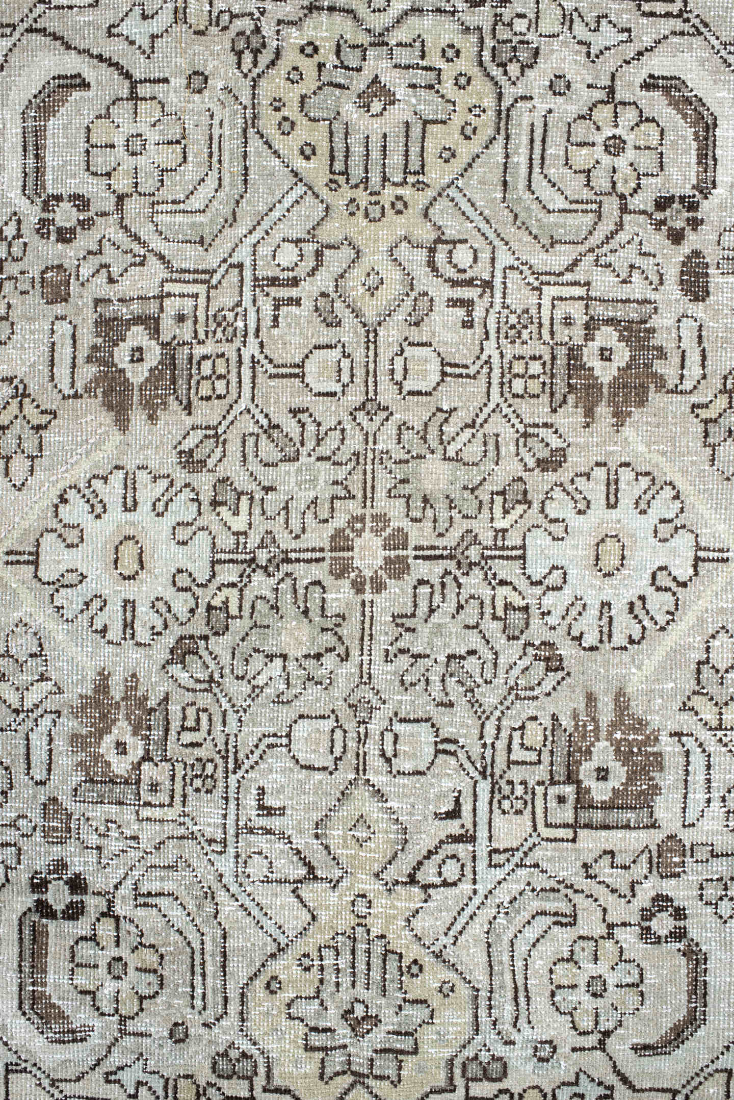 9' x 12' one-of-a-kind handmade antique Mahal large size rug. Color palette: ivory, taupe, charcoal, brown, stone, beige