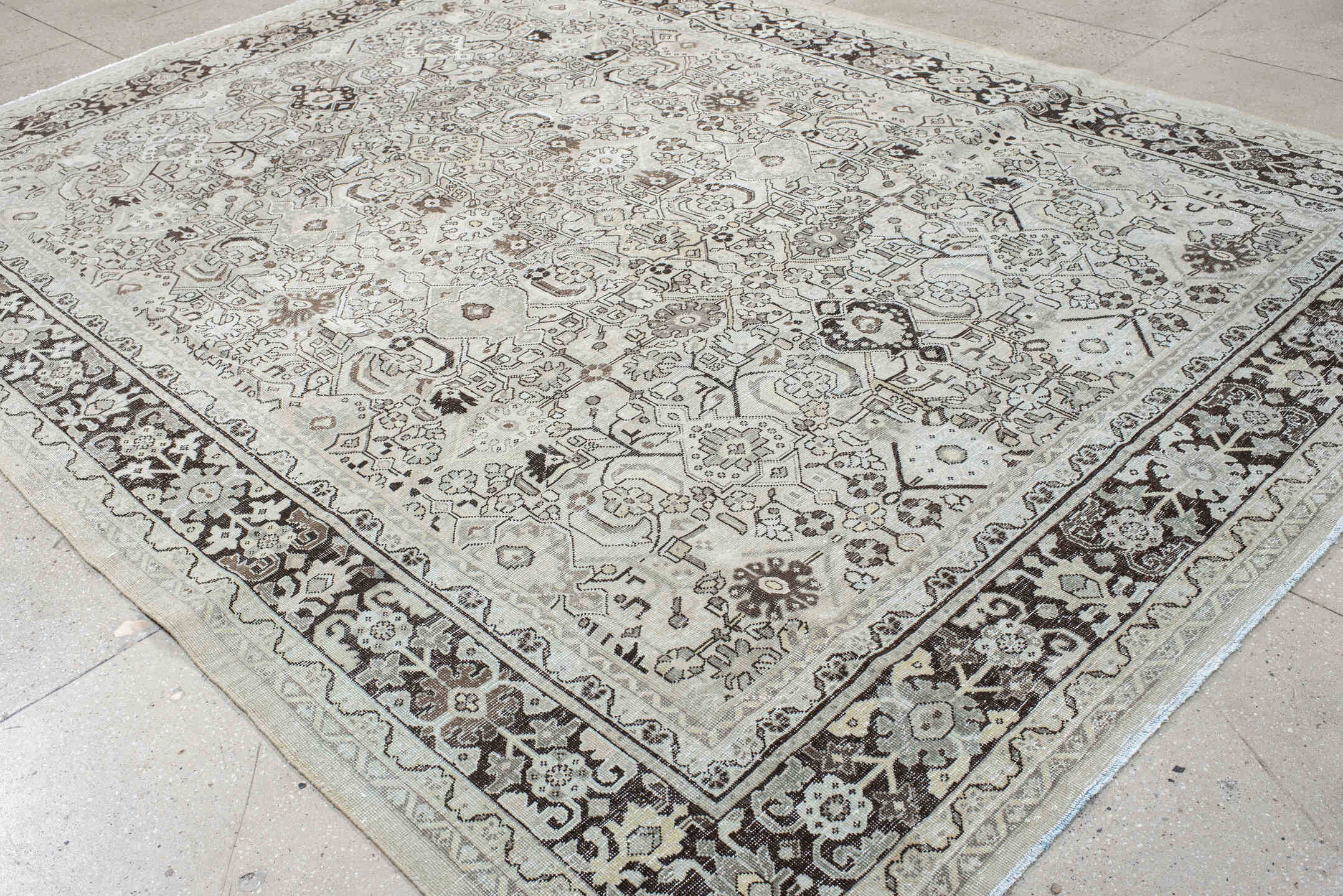 9' x 12' one-of-a-kind handmade antique Mahal large size rug. Color palette: ivory, taupe, charcoal, brown, stone, beige