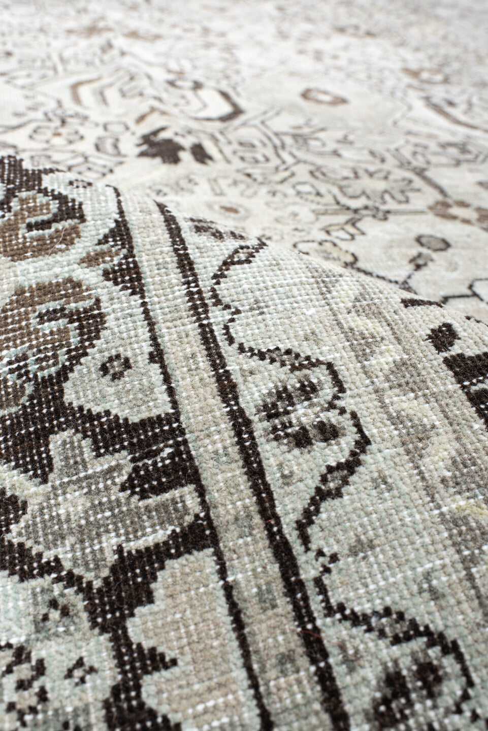 9' x 12' one-of-a-kind handmade antique Mahal large size rug. Color palette: ivory, taupe, charcoal, brown, stone, beige
