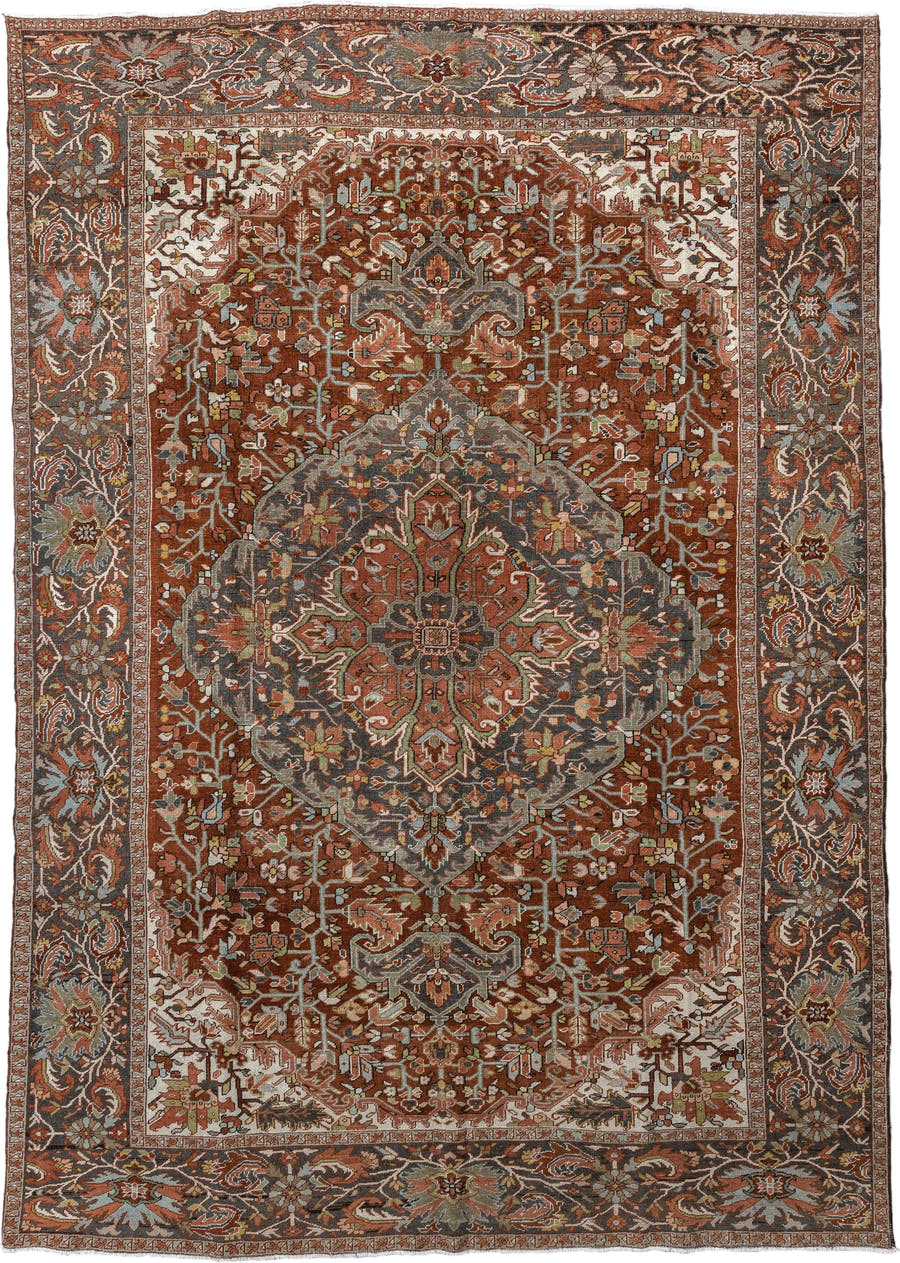 9' x 13' one-of-a-kind handmade vintage Heriz large size rug. Color palette: rust, slate, ivory, terra cotta, sage, charcoal