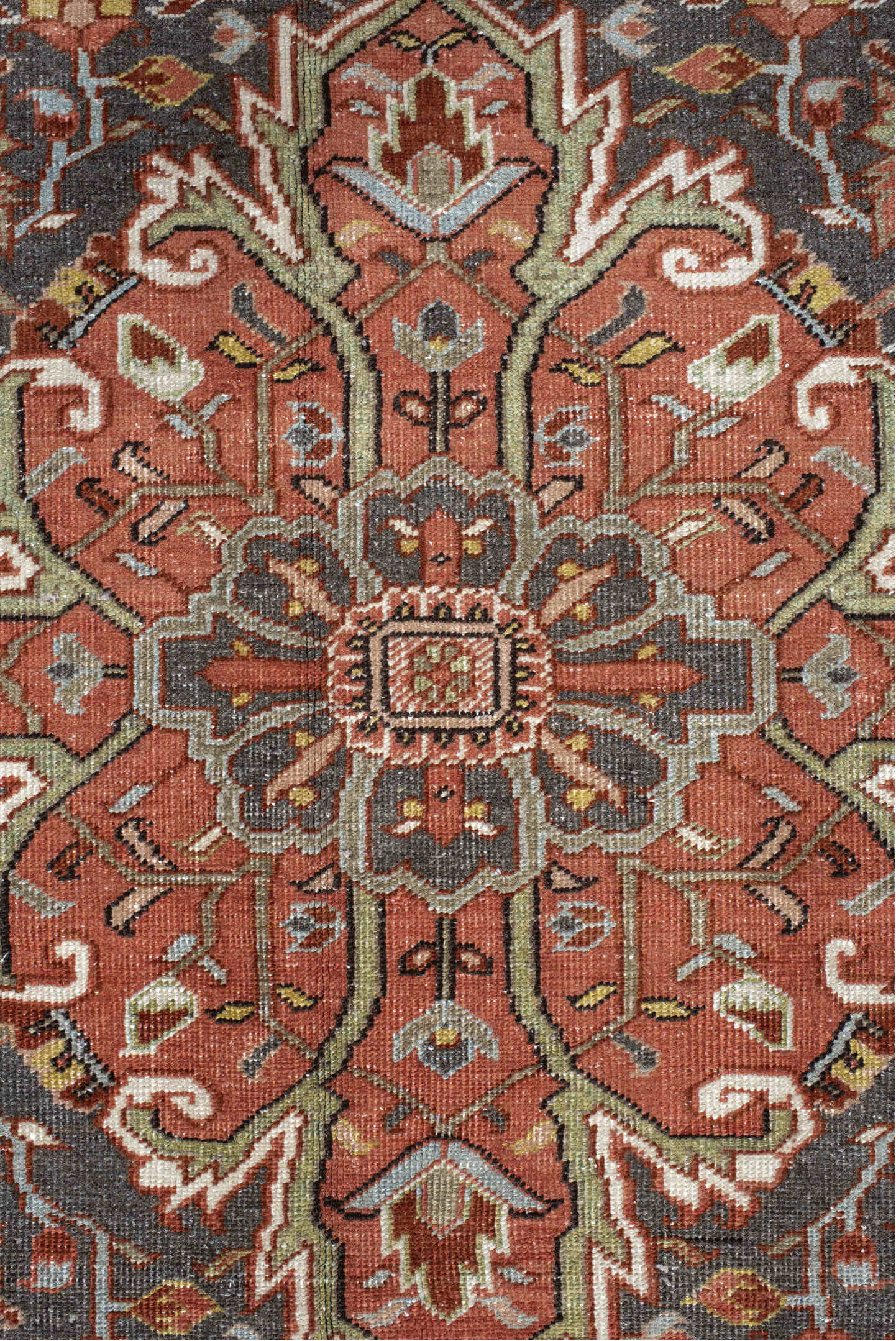 9' x 13' one-of-a-kind handmade vintage Heriz large size rug. Color palette: antiquewhite, brown, dark gray, gray