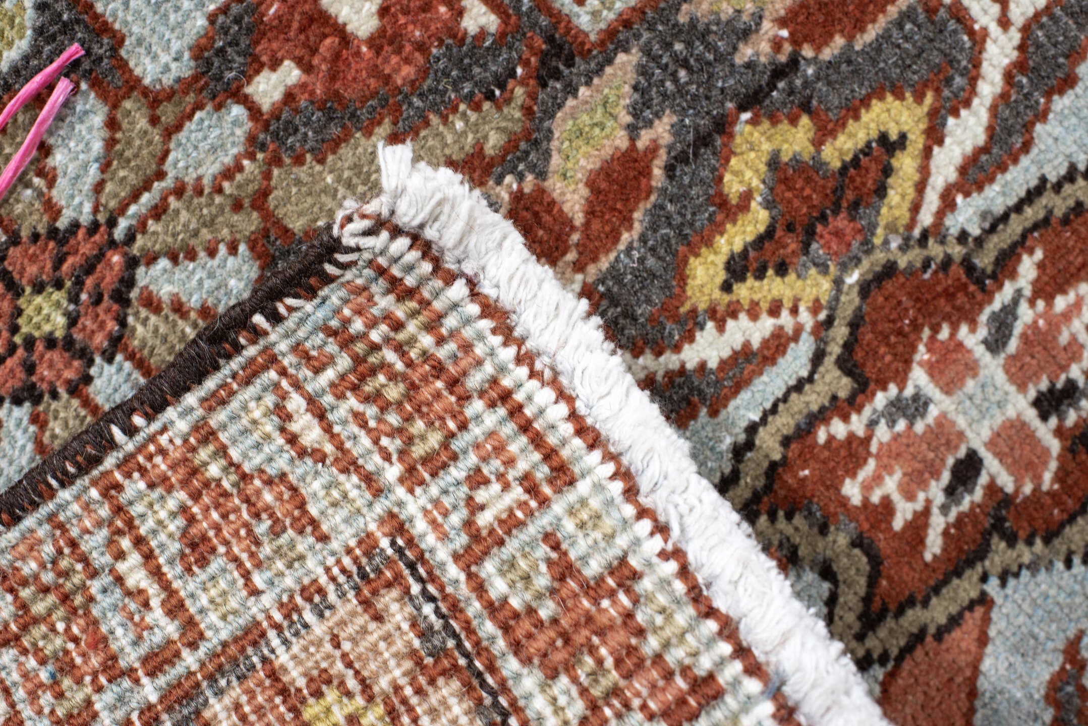 9' x 13' one-of-a-kind handmade vintage Heriz large size rug. Color palette: rust, slate, ivory, terra cotta, sage, charcoal