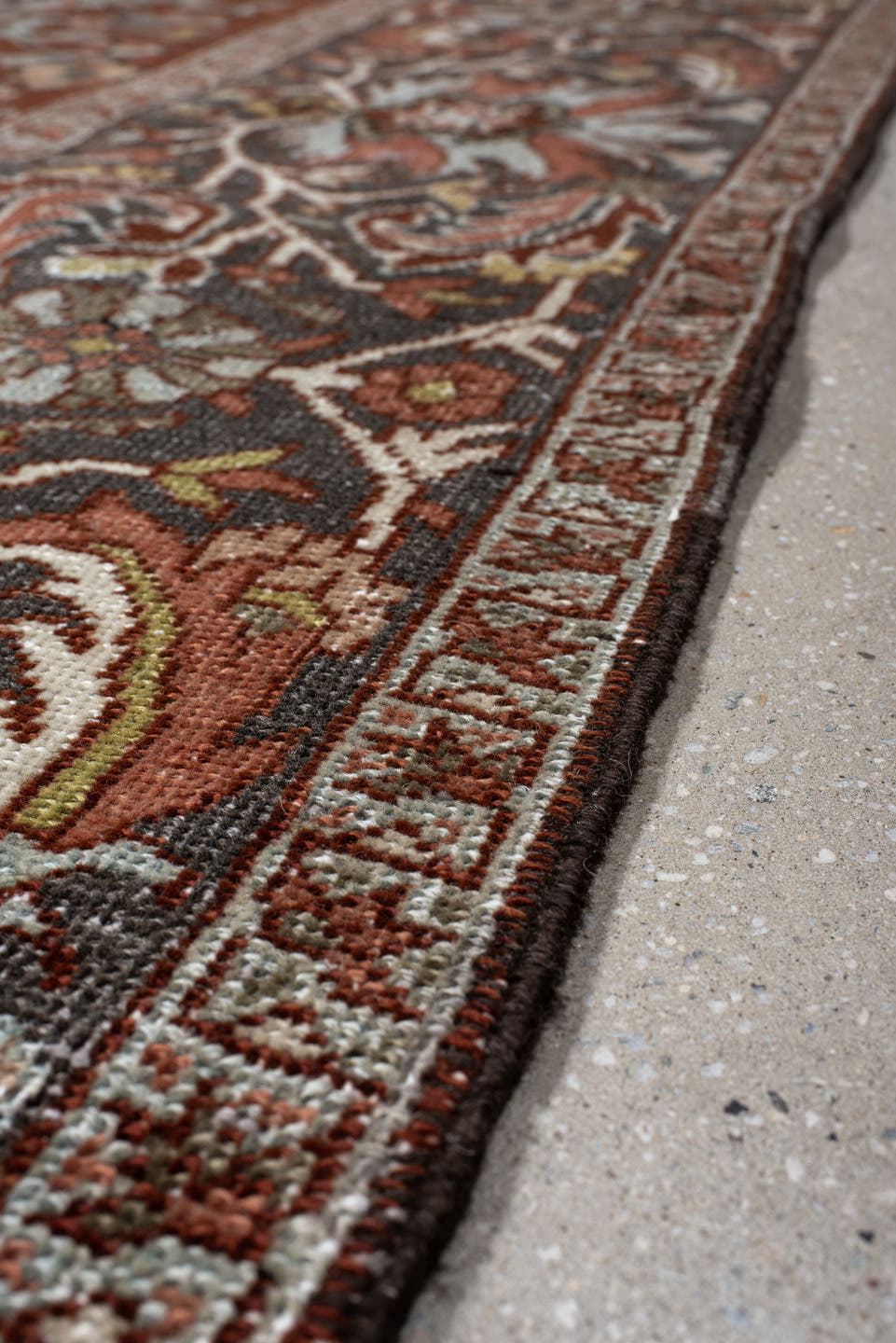 9' x 13' one-of-a-kind handmade vintage Heriz large size rug. Color palette: rust, slate, ivory, terra cotta, sage, charcoal