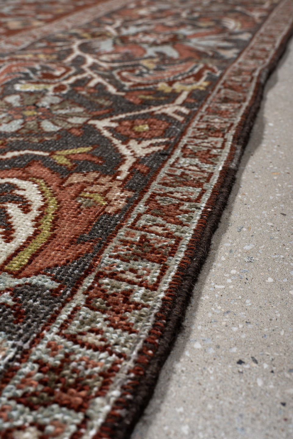 9' x 13' one-of-a-kind handmade vintage Heriz large size rug. Color palette: rust, slate, ivory, terra cotta, sage, charcoal