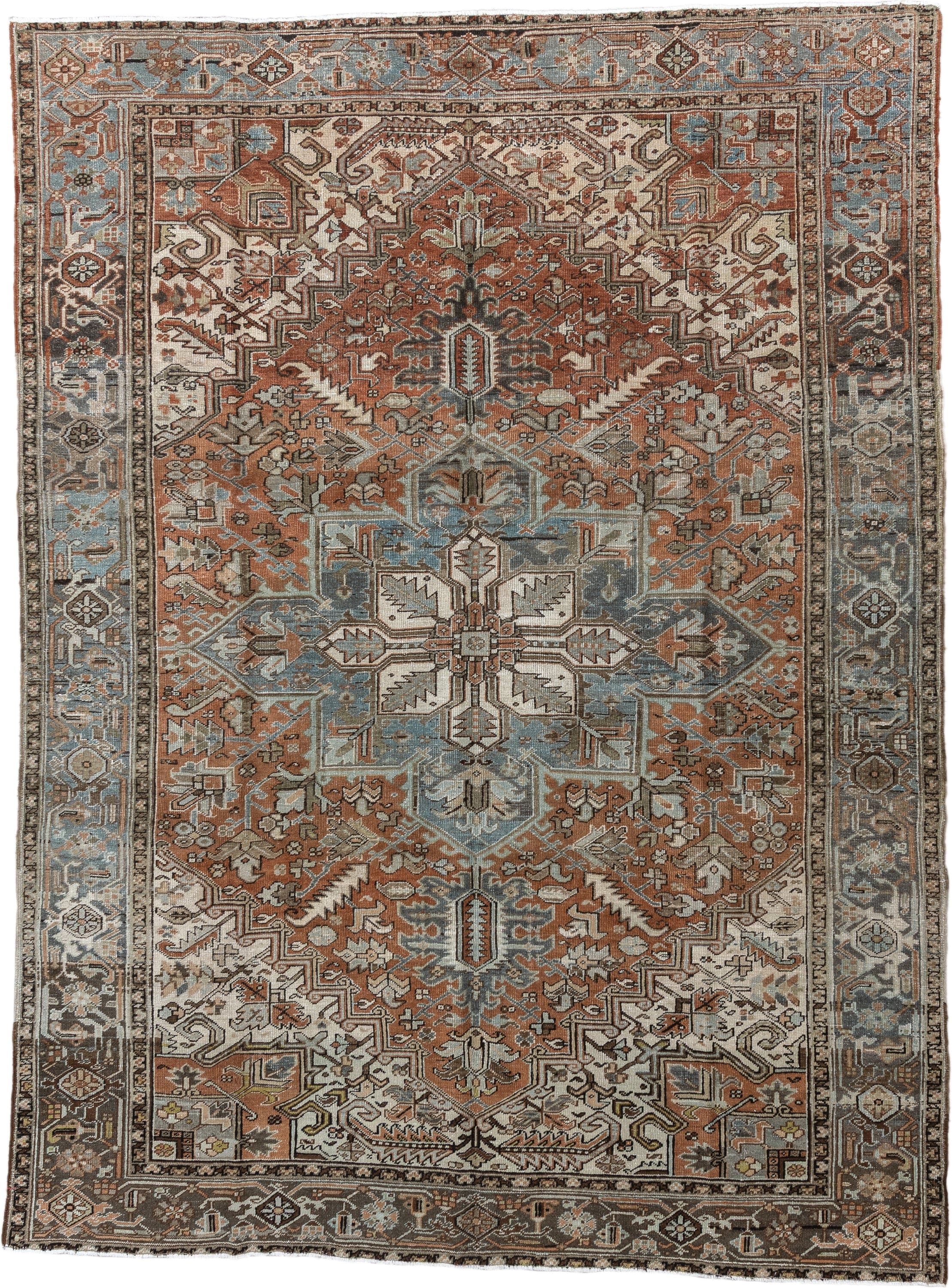 9' x 12' one-of-a-kind handmade vintage Heriz large size rug. Color palette: terra cotta, sky blue, ivory, charcoal, taupe