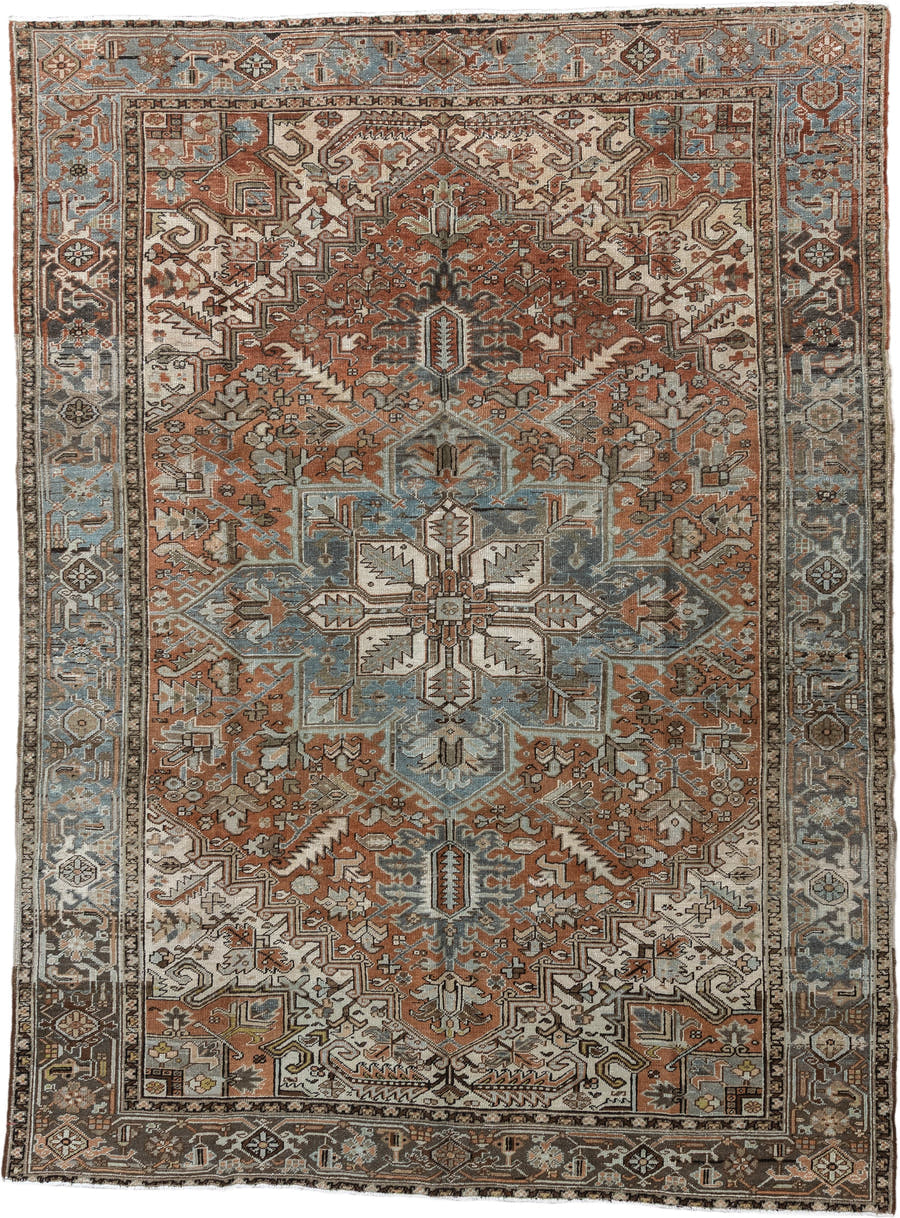 9' x 12' one-of-a-kind handmade vintage Heriz large size rug. Color palette: terra cotta, sky blue, ivory, charcoal, taupe