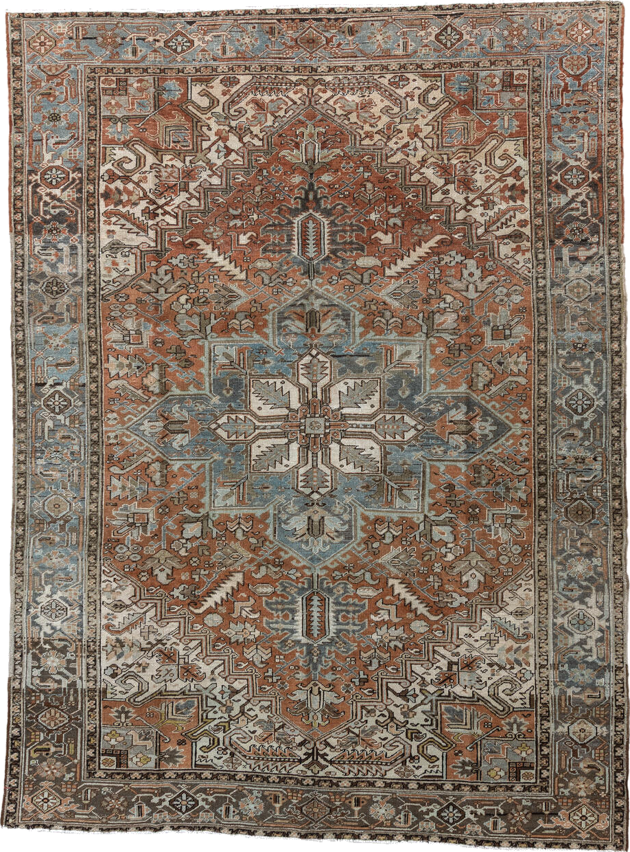 9' x 12' one-of-a-kind handmade vintage Heriz large size rug. Color palette: black, brown, charcoal, dim gray, gray