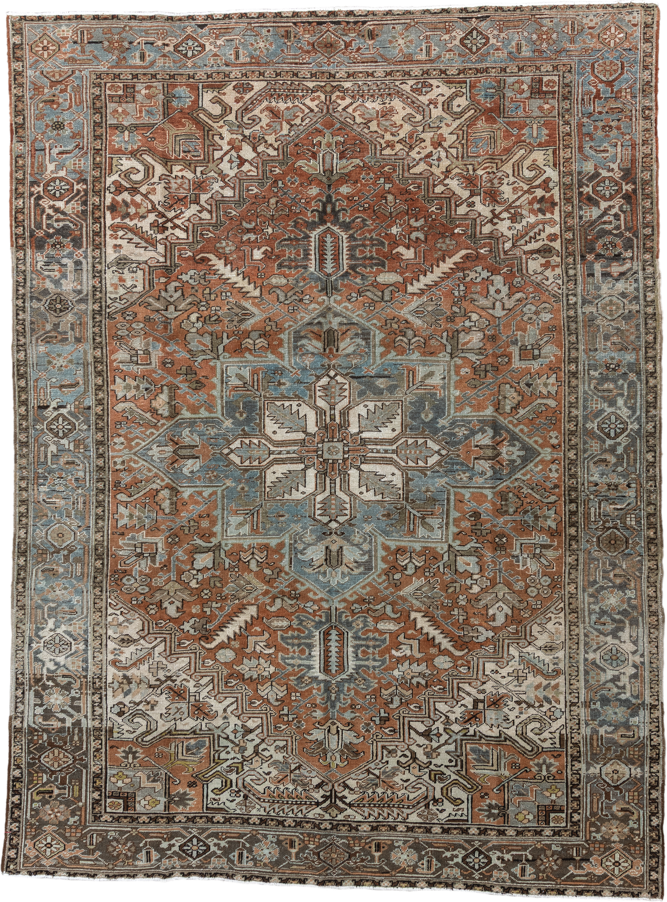 9' x 12' one-of-a-kind handmade vintage Heriz large size rug. Color palette: terra cotta, sky blue, ivory, charcoal, taupe