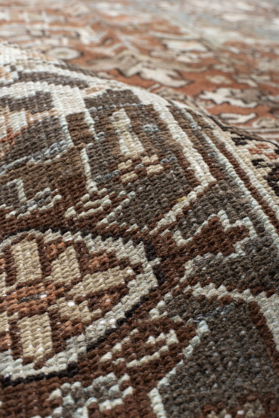 9' x 12' one-of-a-kind handmade vintage Heriz large size rug. Color palette: terra cotta, sky blue, ivory, charcoal, taupe