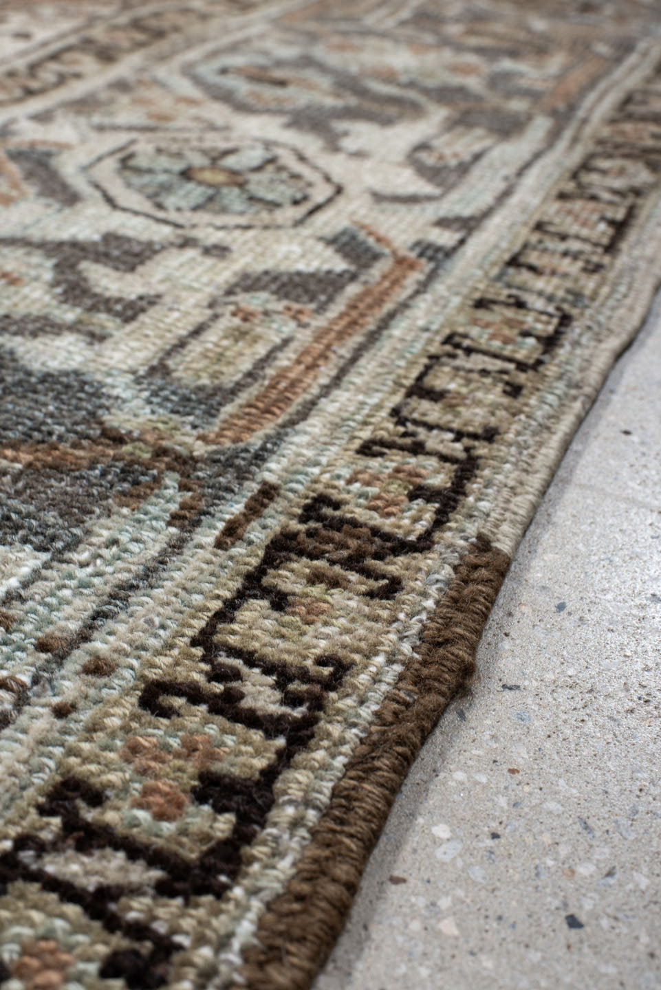 9' x 12' one-of-a-kind handmade vintage Heriz large size rug. Color palette: terra cotta, sky blue, ivory, charcoal, taupe