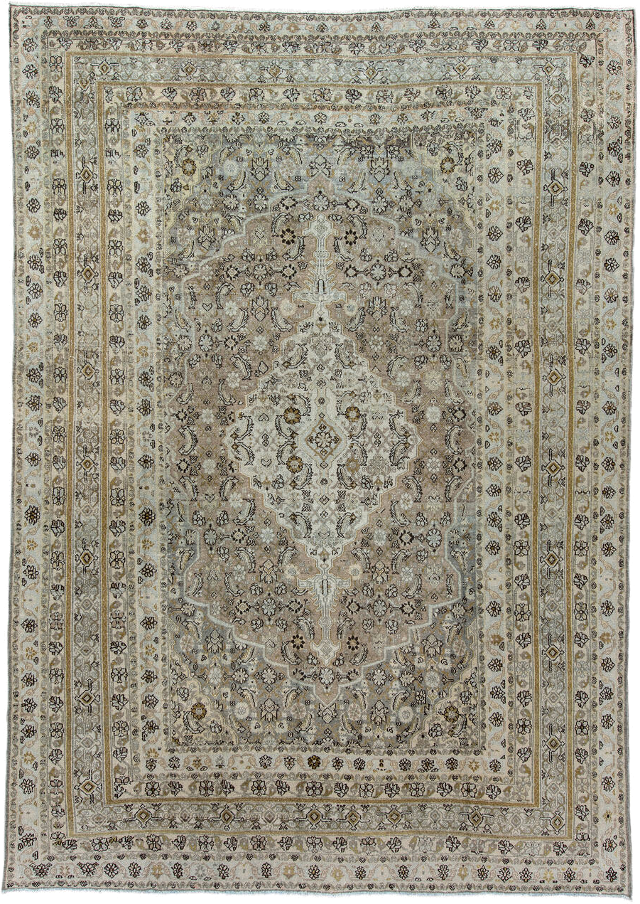 10' x 12' one-of-a-kind handmade antique Bibikabad large size rug. Color palette: ivory, taupe, beige, brown, gold, gray