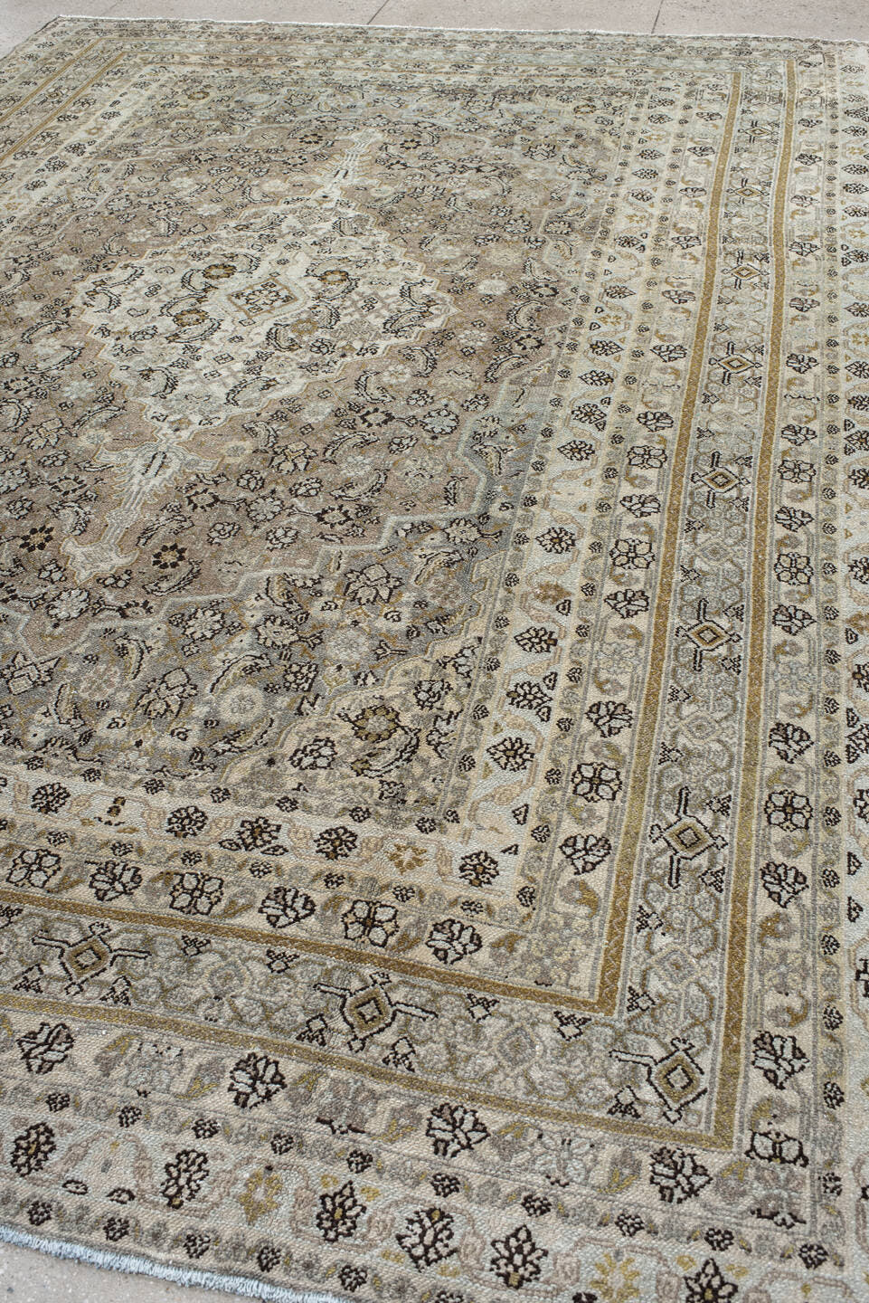 10' x 12' one-of-a-kind handmade antique Bibikabad large size rug. Color palette: ivory, taupe, beige, brown, gold, gray