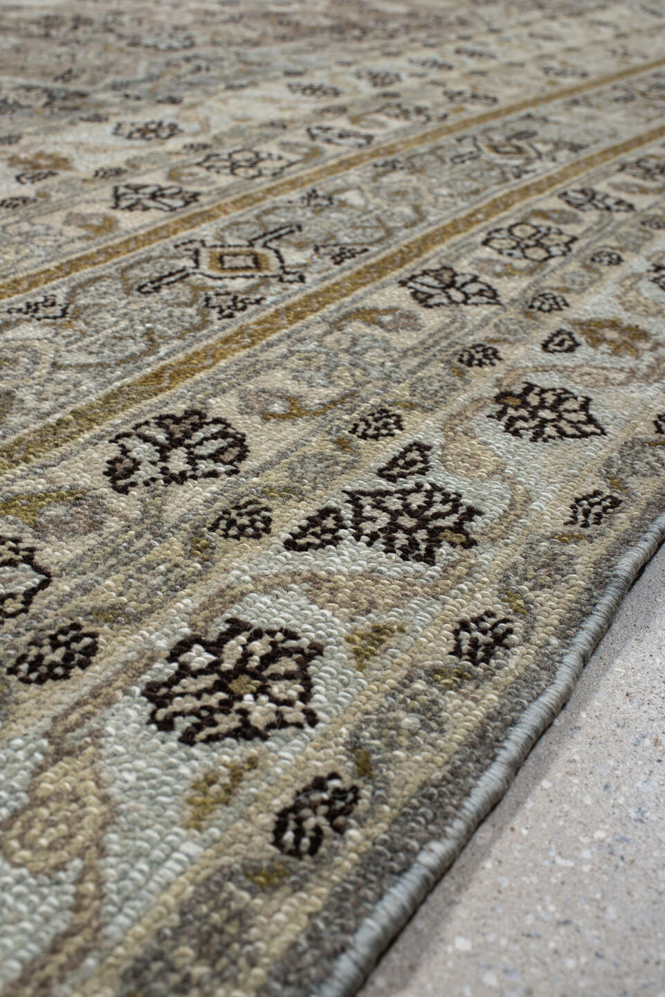 10' x 12' one-of-a-kind handmade antique Bibikabad large size rug. Color palette: ivory, taupe, beige, brown, gold, gray
