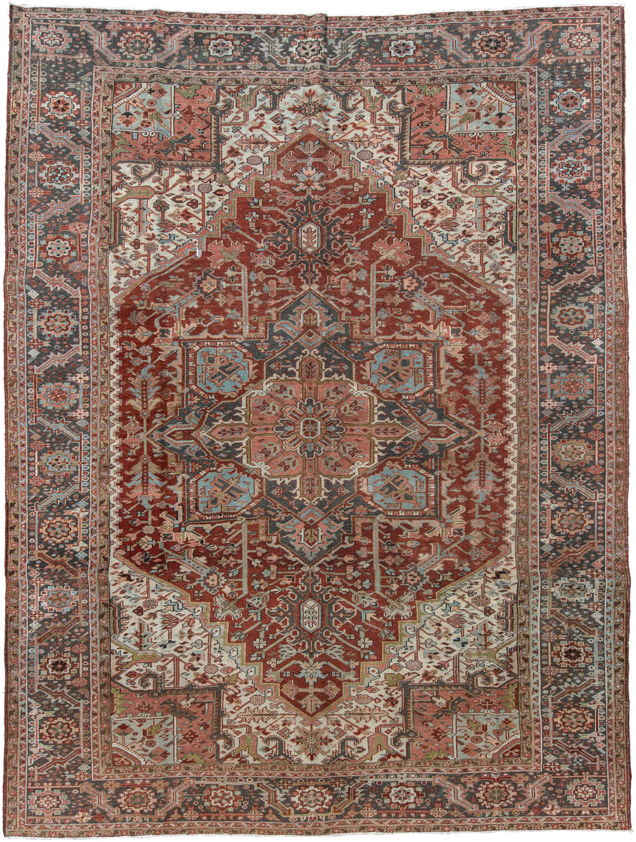 9' x 12' one-of-a-kind handmade antique Heriz large size rug. Color palette: rust, ivory, navy, terra cotta, sage, camel