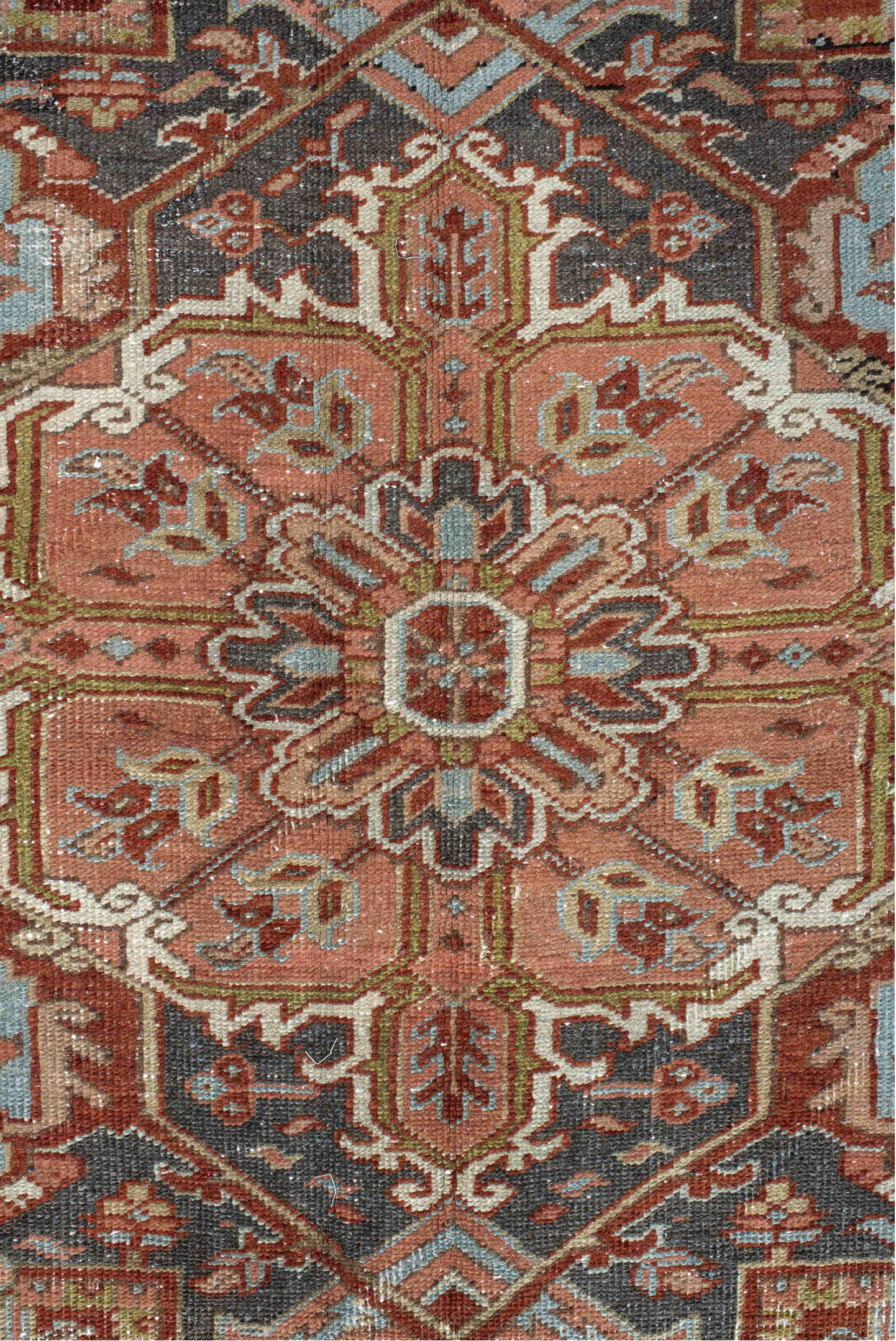 9' x 12' one-of-a-kind handmade vintage Heriz large size rug. Color palette: black, blue, brown, charcoal, gray, light gray