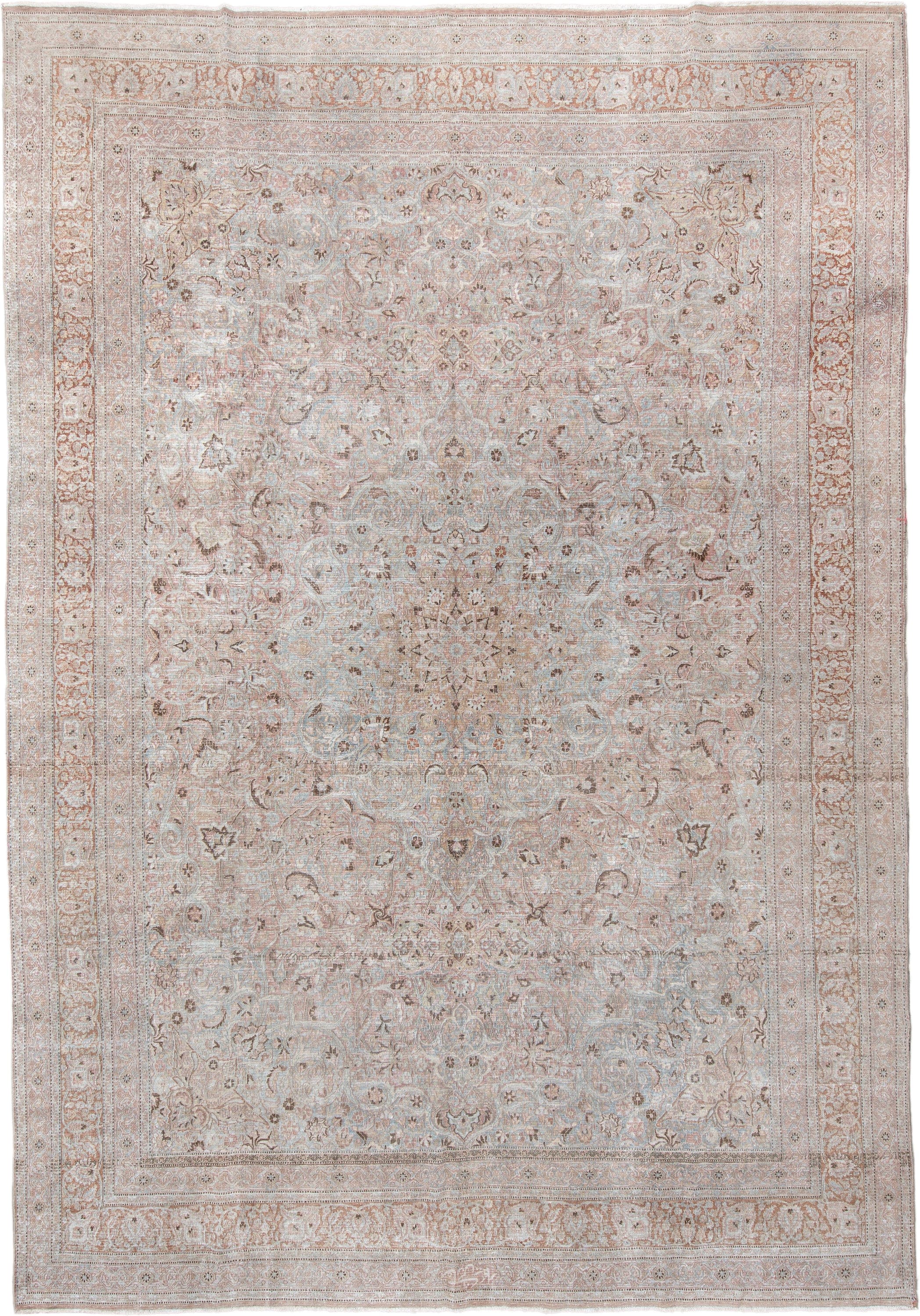 10' x 15' one-of-a-kind handmade vintage Khorassan rug. Color palette: ivory, blush, pale blue, taupe, camel, rose, beige