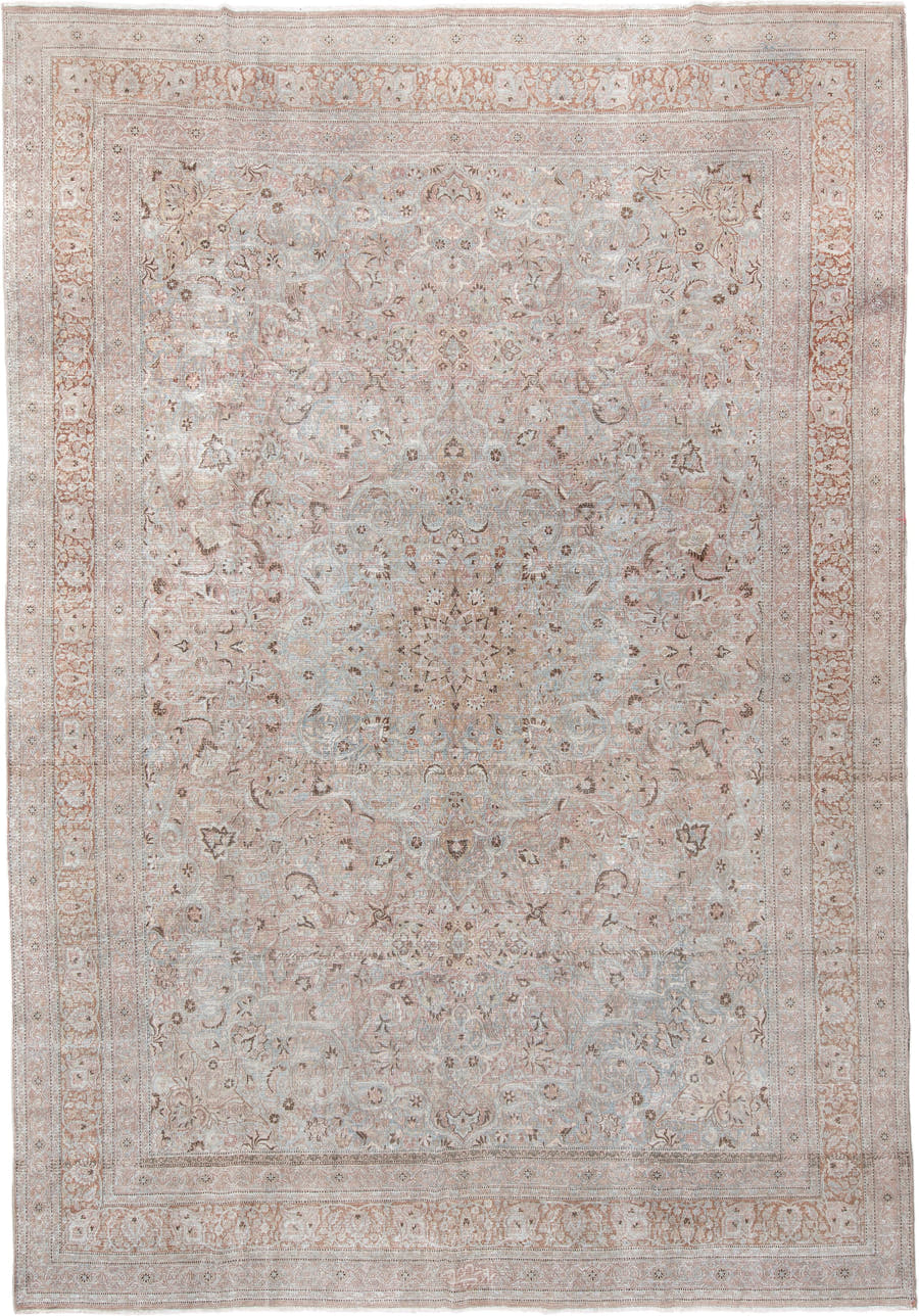 10' x 15' one-of-a-kind handmade vintage Khorassan rug. Color palette: ivory, blush, pale blue, taupe, camel, rose, beige