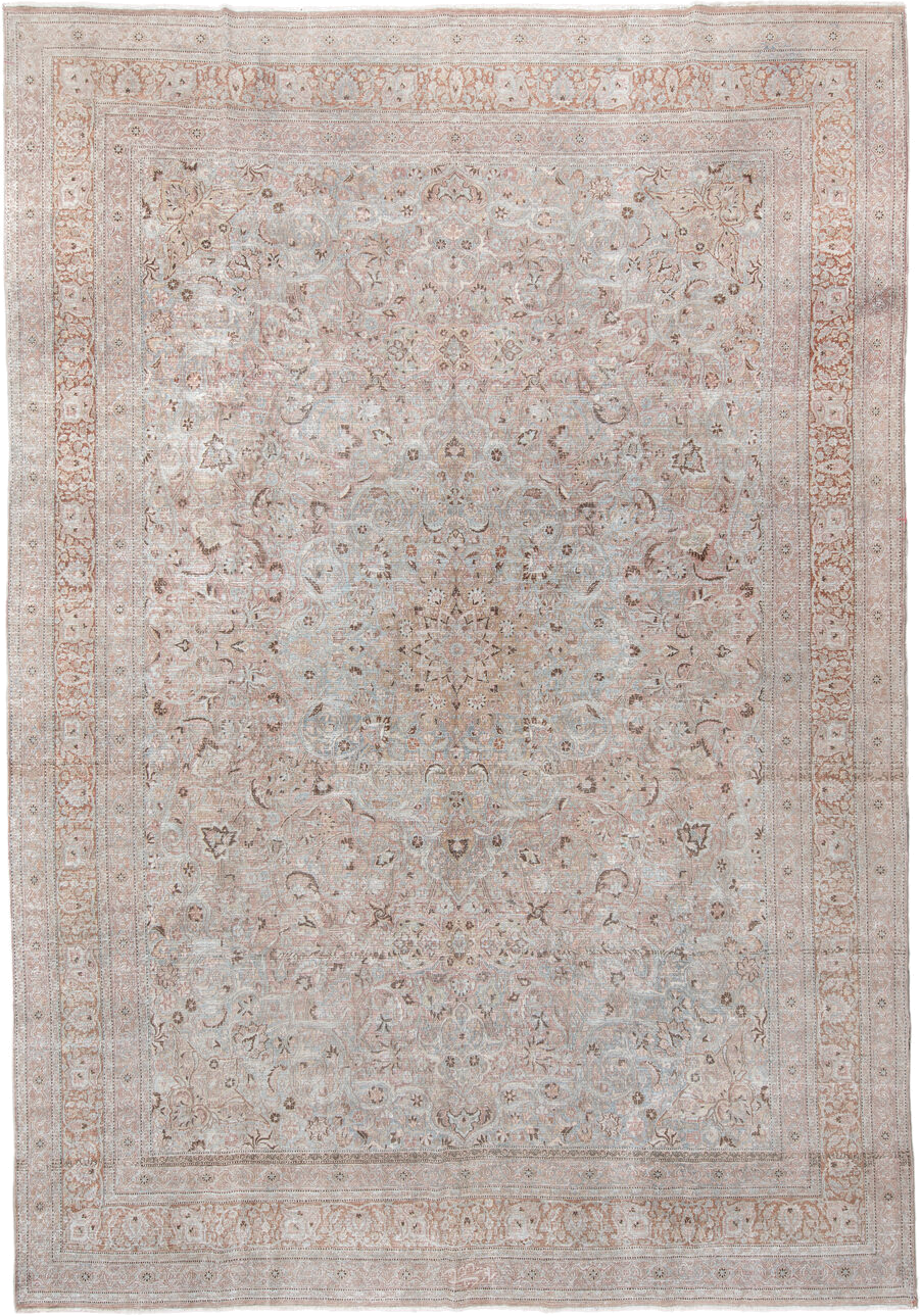 10' x 15' one-of-a-kind handmade vintage Khorassan rug. Color palette: ivory, blush, pale blue, taupe, camel, rose, beige