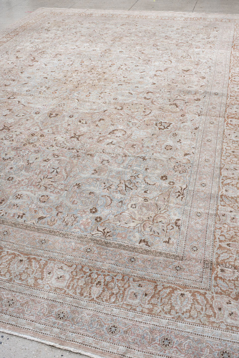 10' x 15' one-of-a-kind handmade vintage Khorassan rug. Color palette: ivory, blush, pale blue, taupe, camel, rose, beige