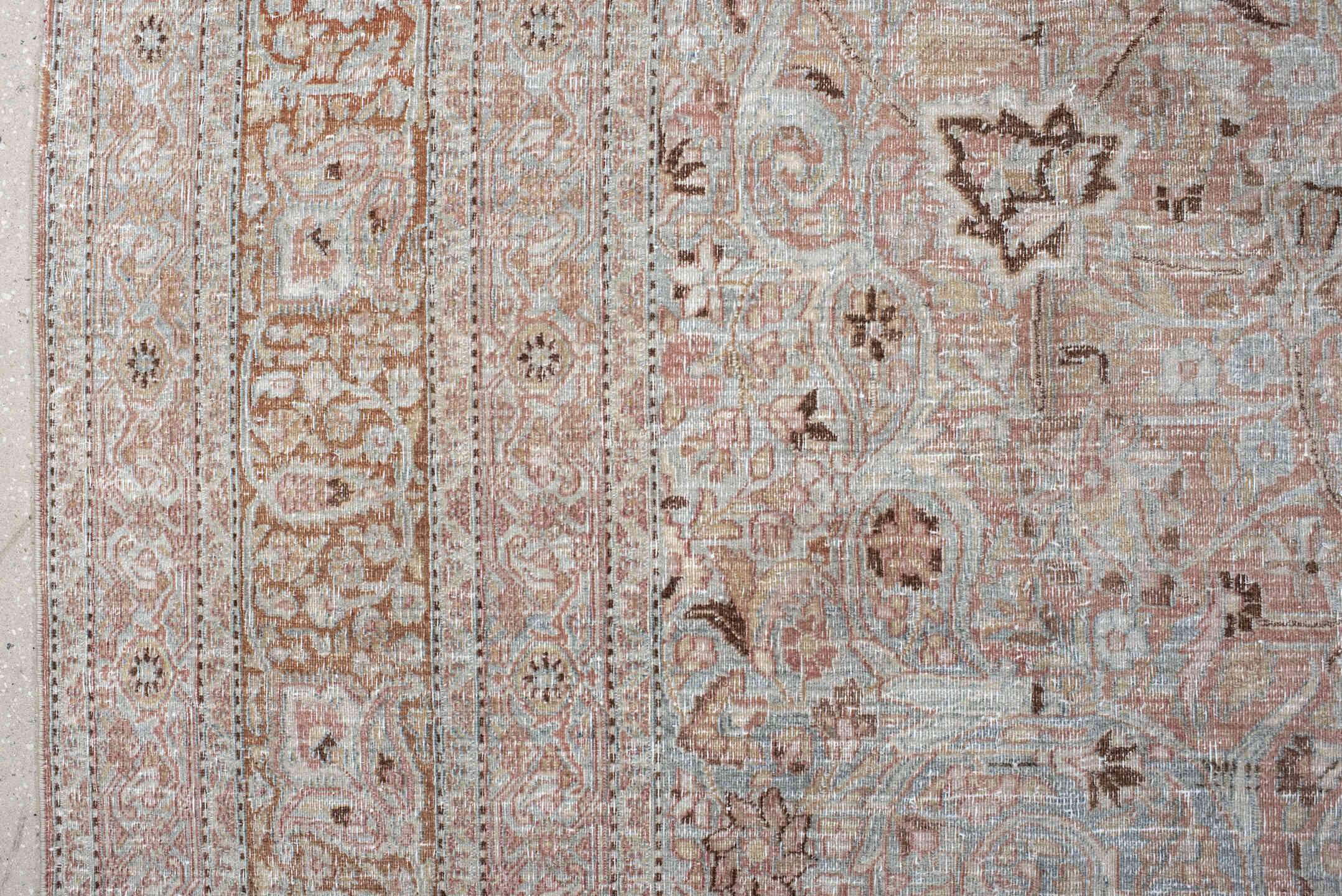 10' x 15' one-of-a-kind handmade vintage Khorassan rug. Color palette: pink, light gray, off-white, gray, gainsboro, silver