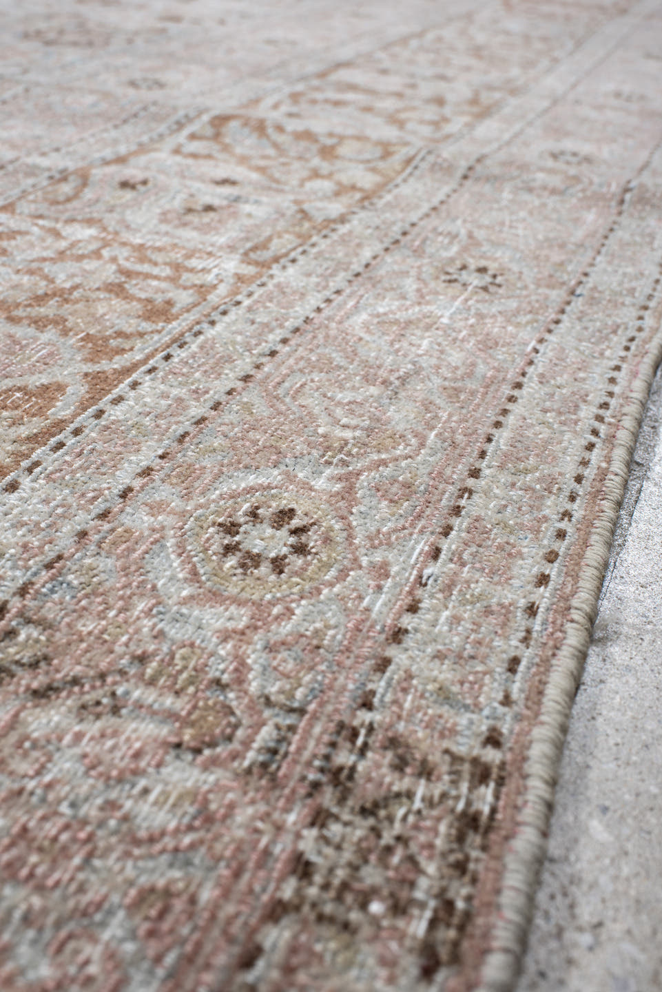 10' x 15' one-of-a-kind handmade vintage Khorassan rug. Color palette: ivory, blush, pale blue, taupe, camel, rose, beige