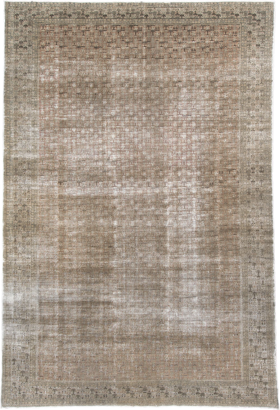 8' x 13' one-of-a-kind handmade vintage Sivas large size rug. Color palette: taupe, beige, ivory, camel, rose, charcoal
