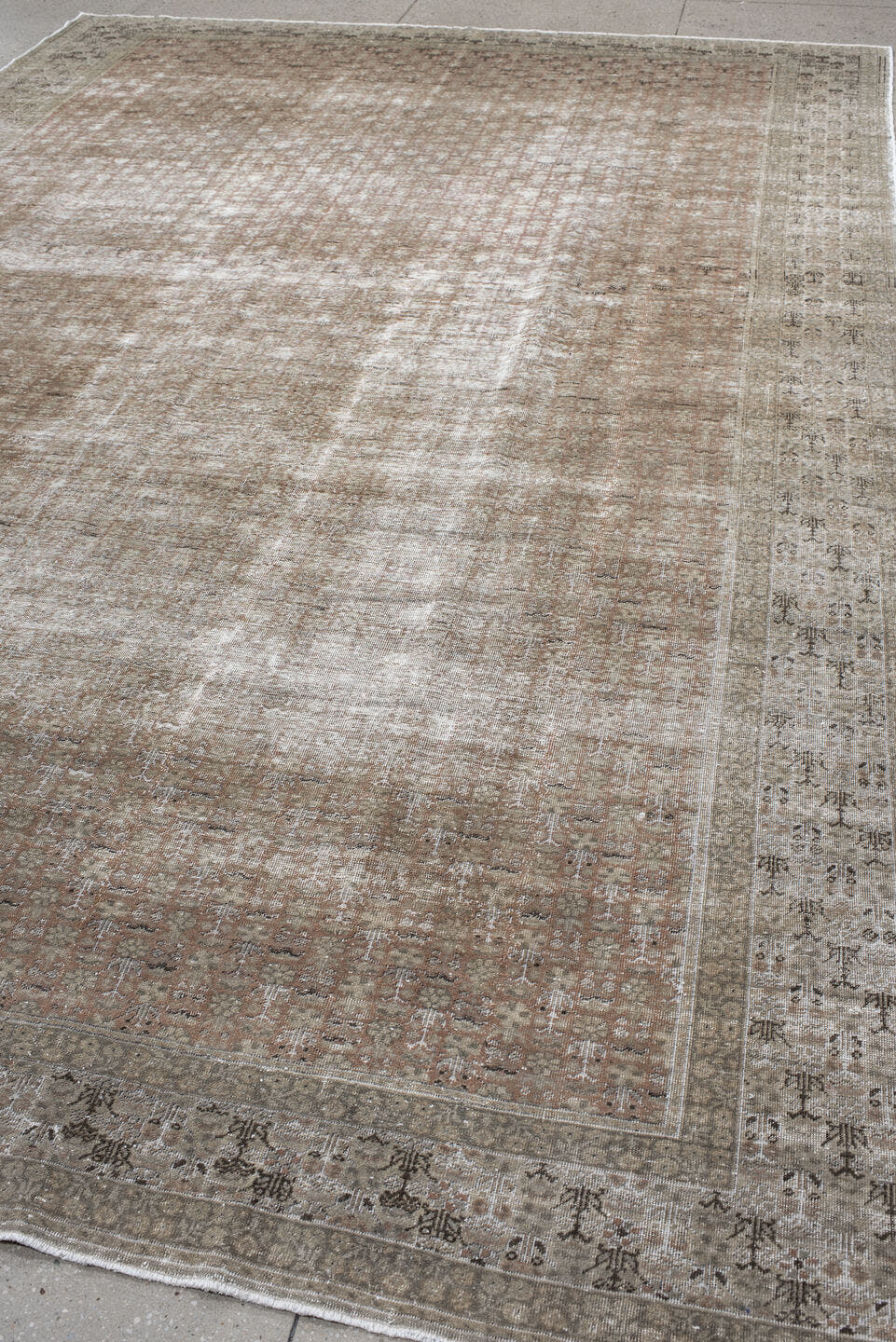 8' x 13' one-of-a-kind handmade vintage Sivas large size rug. Color palette: taupe, beige, ivory, camel, rose, charcoal