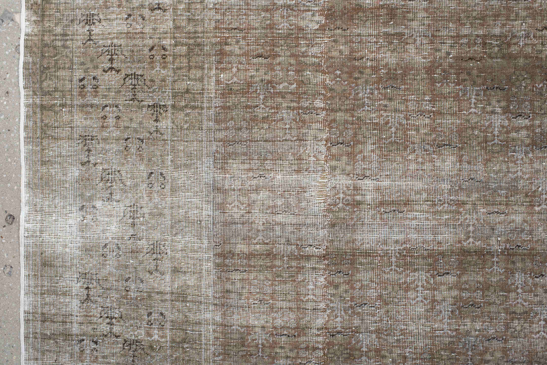 8' x 13' one-of-a-kind handmade vintage Sivas large size rug. Color palette: taupe, beige, ivory, camel, rose, charcoal