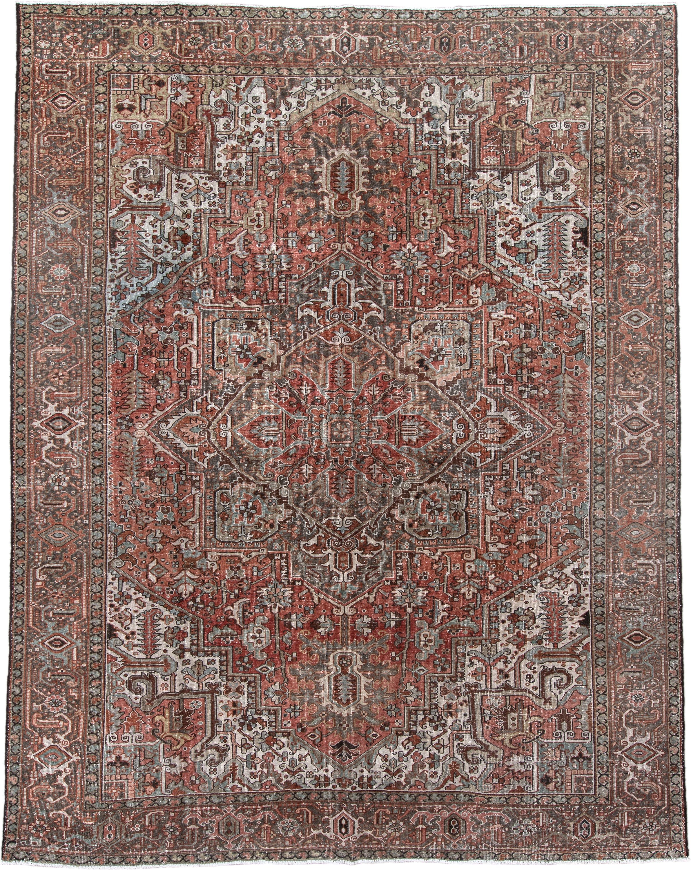 9' x 12' one-of-a-kind handmade antique Heriz large size rug. Color palette: rust, ivory, charcoal, taupe, terra cotta