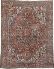 9' x 12' one-of-a-kind handmade antique Heriz large size rug. Color palette: rust, ivory, charcoal, taupe, terra cotta