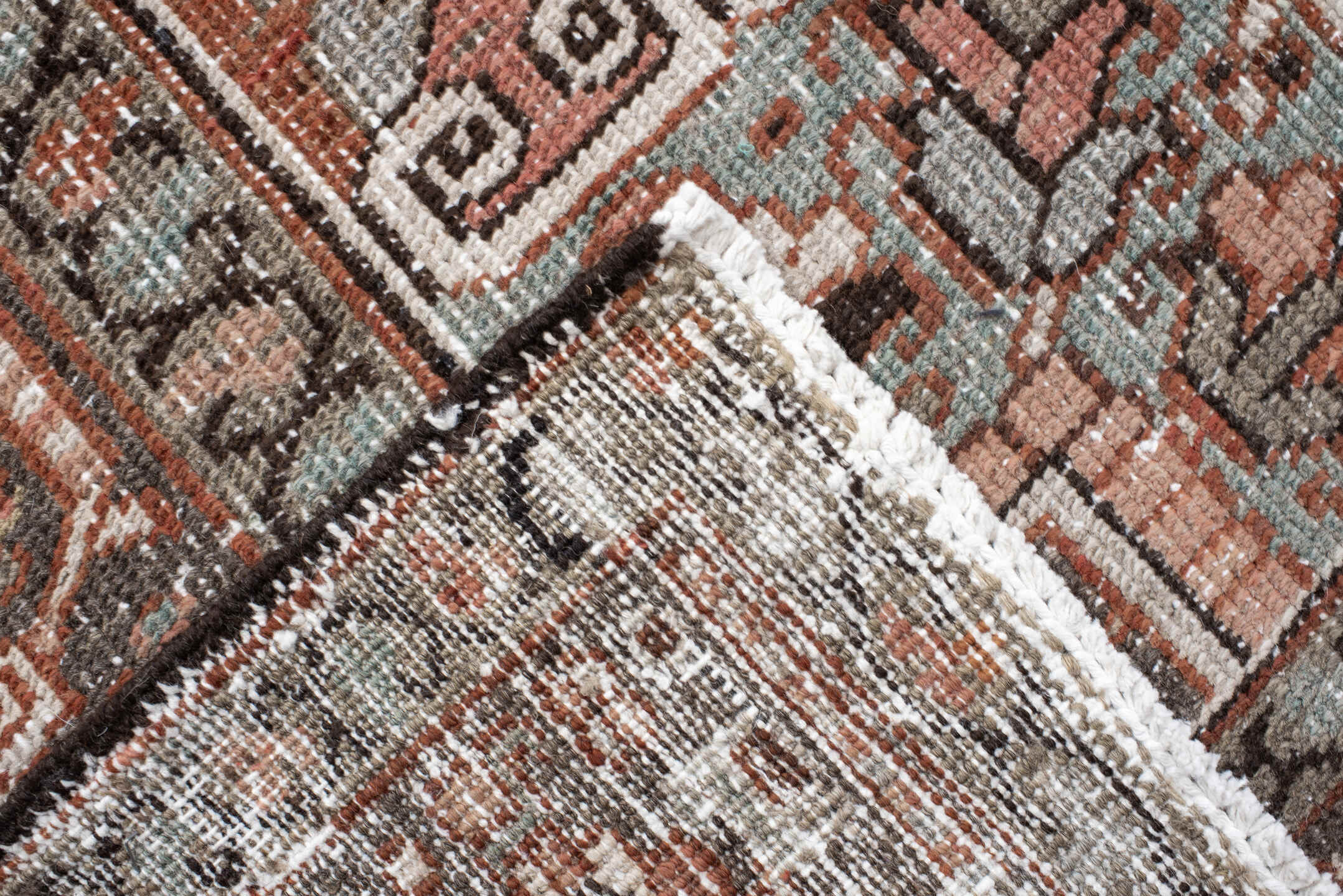9' x 12' one-of-a-kind handmade antique Heriz large size rug. Color palette: rust, ivory, charcoal, taupe, terra cotta